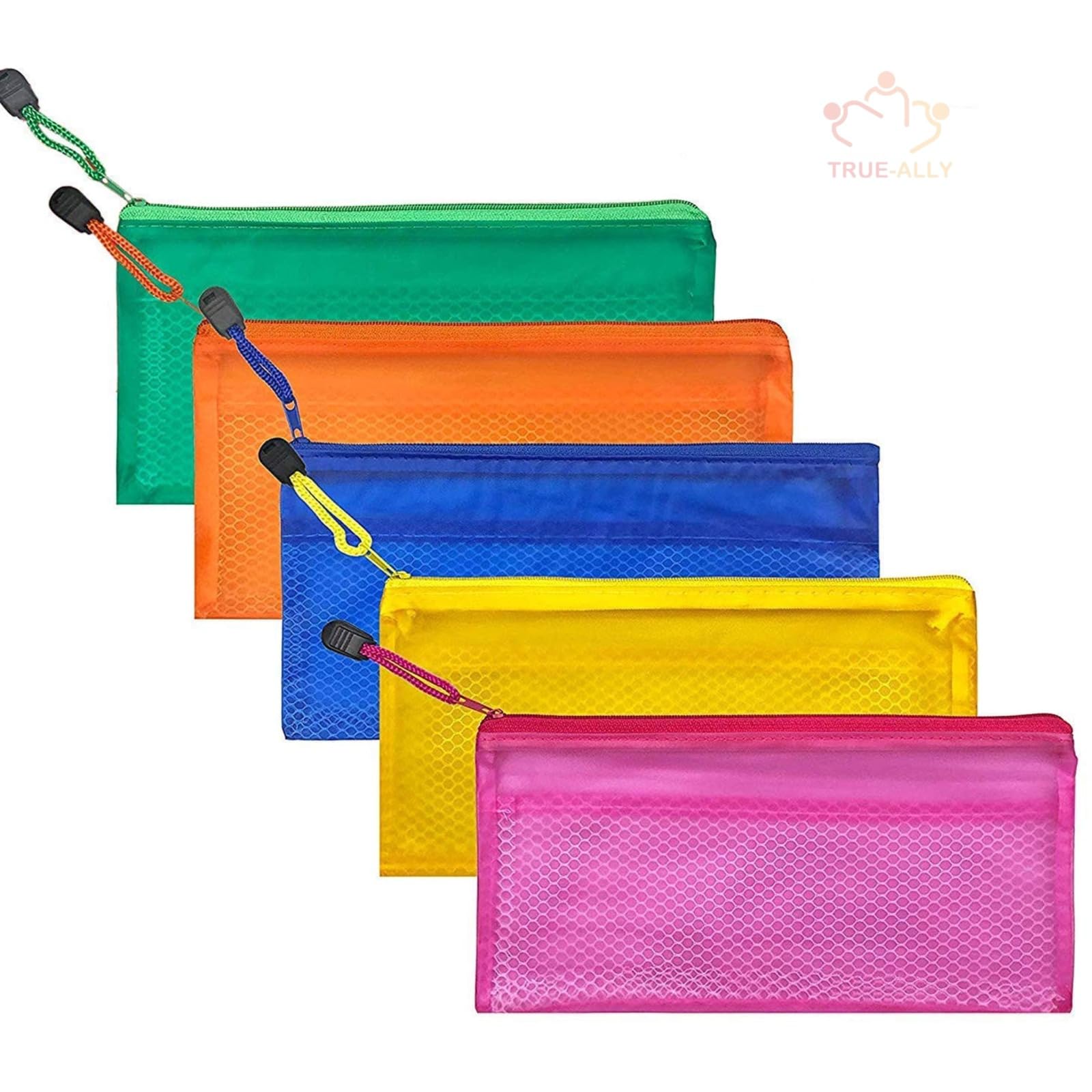 True-Ally Mesh Zipper Pencil Pen Cheque Stationary Case Travel Document Holder Bag Cosmetics Vanity Pouch (Colour May Vary, 23.5cm X 11cm)- Pack of 5