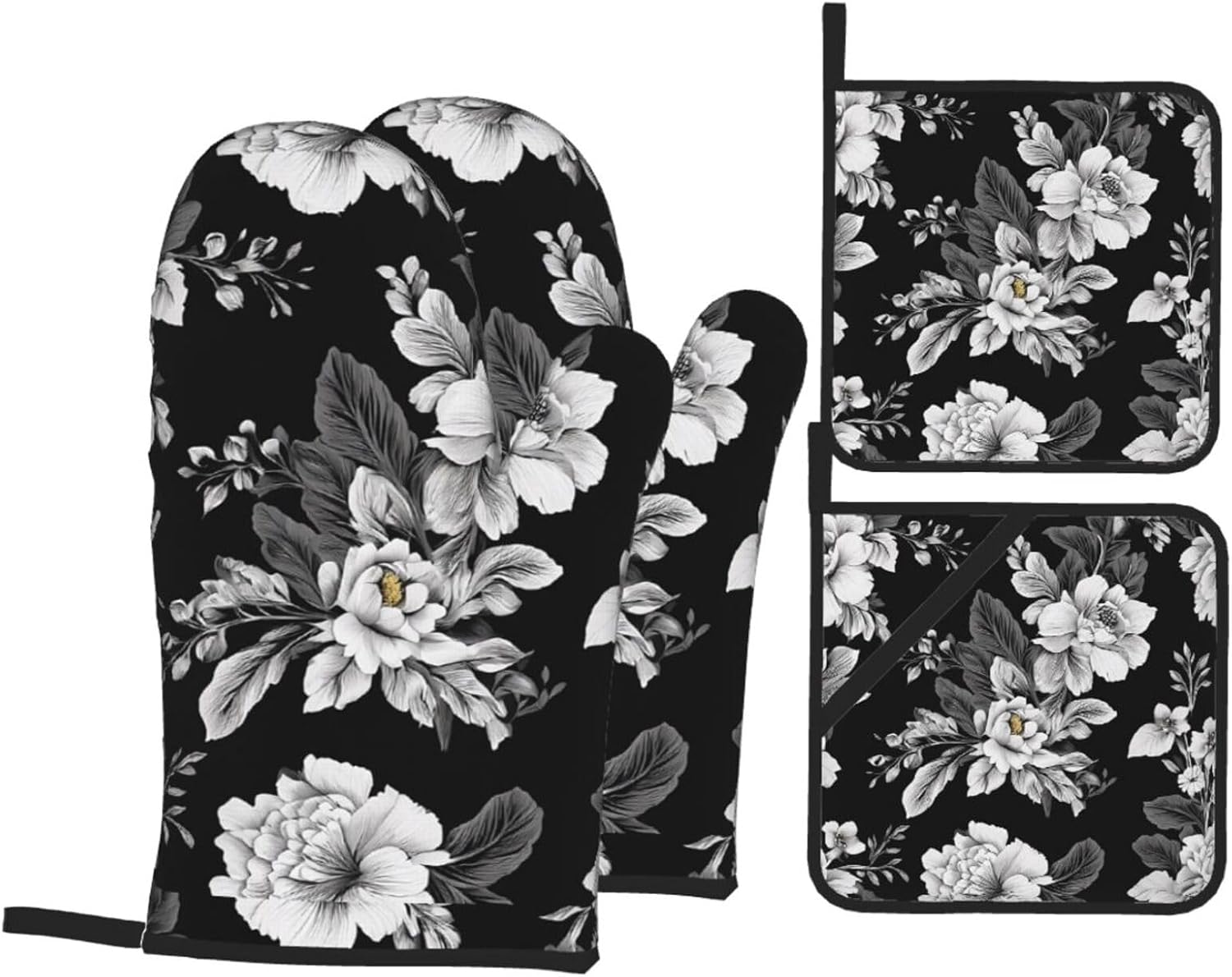 (Black with Flower) Baking 4-Piece Set: 2 Oven Mitts and 2 Pot Holders Heat Resistant Waterproof Hanging Loop for Kitchen Oven Grill Housewarming Gifts