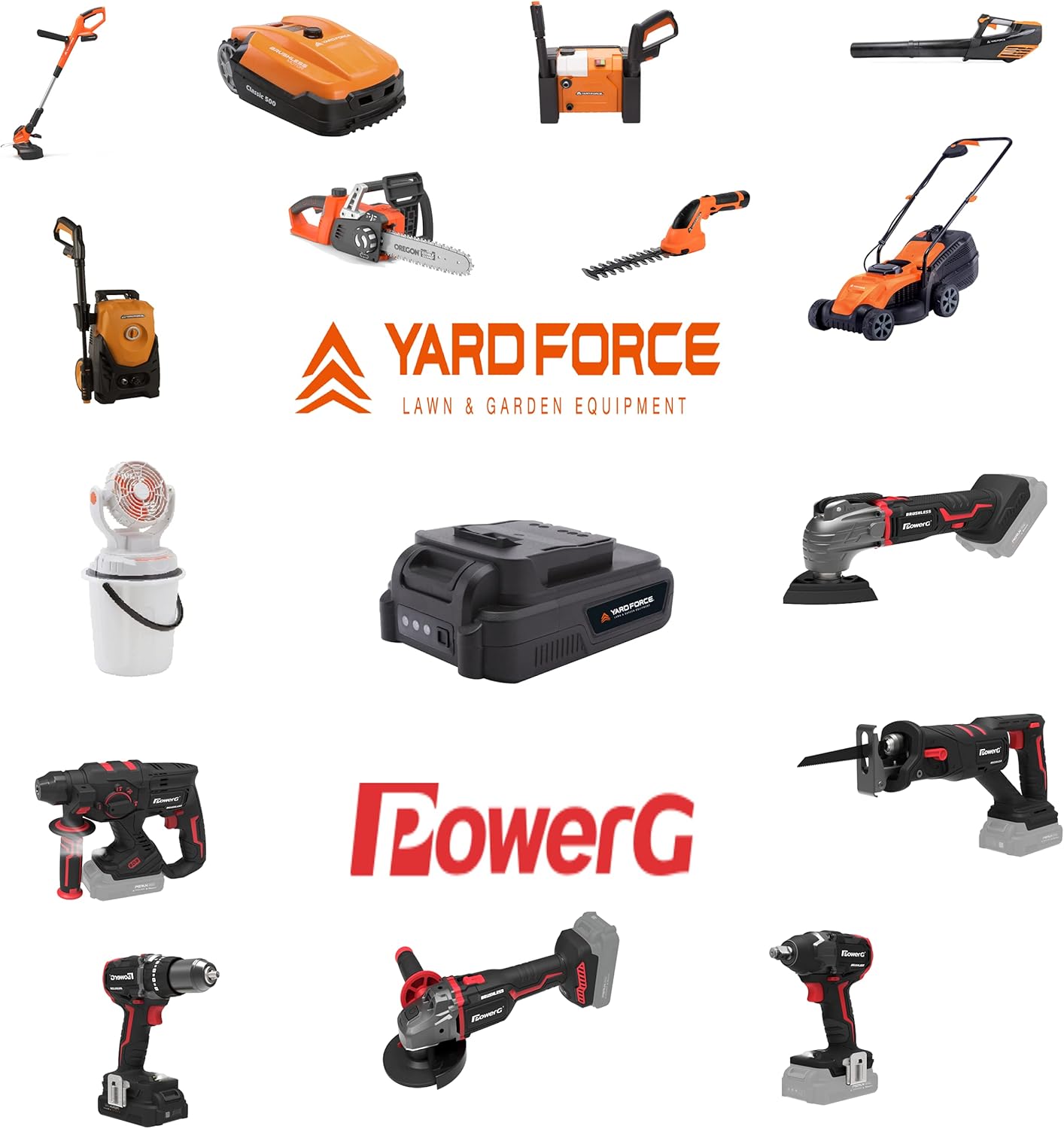 PERUN Power G 20V battery system with various tools.