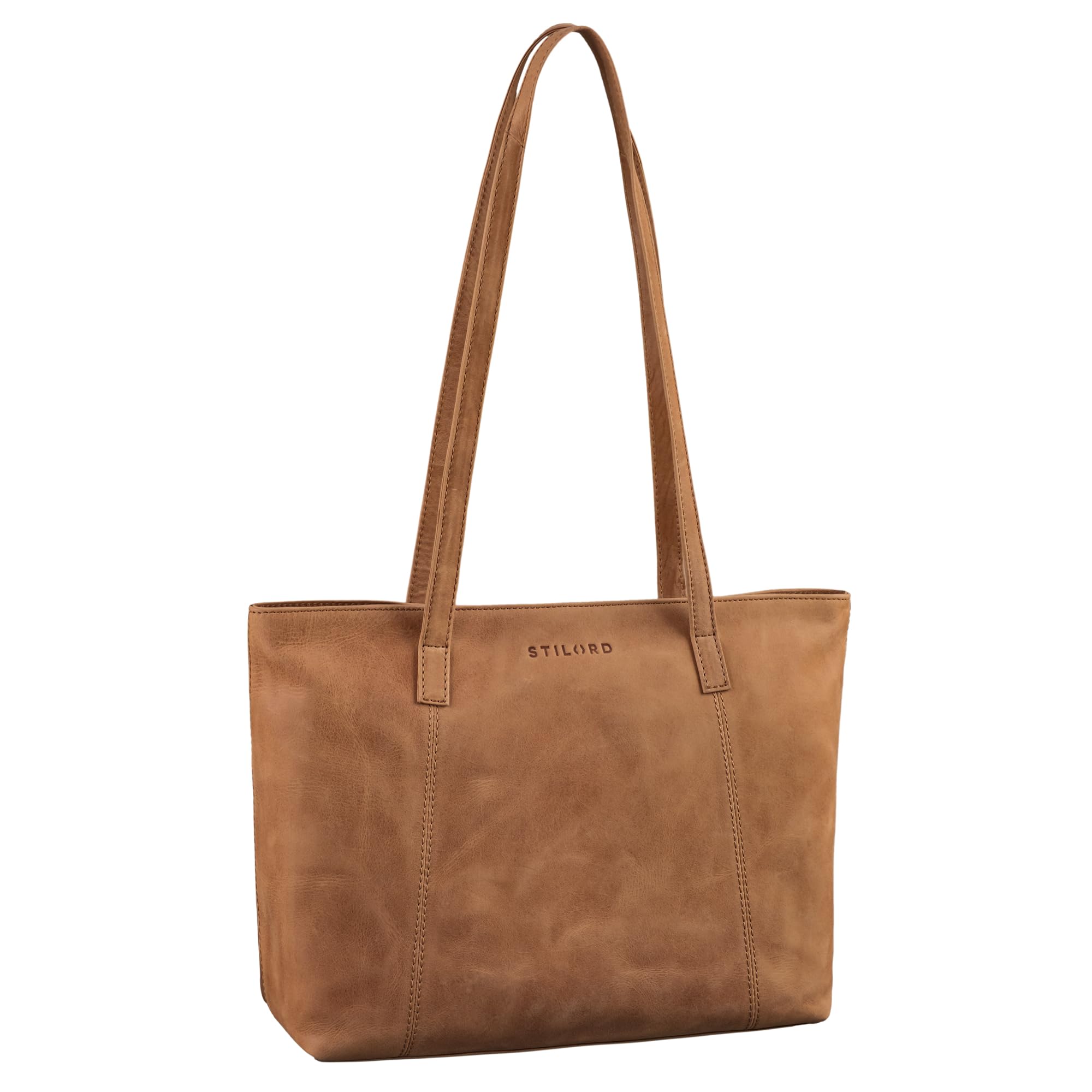 STILORD Tina Leder Shopper Tasche Damen Groß - Elegante Frauen Handtasche Echtleder Tote Bag für Laptop 13,6 Zoll Große Henkeltasche mit Reißverschluss für jeden Tag Farbe:taranto - braun