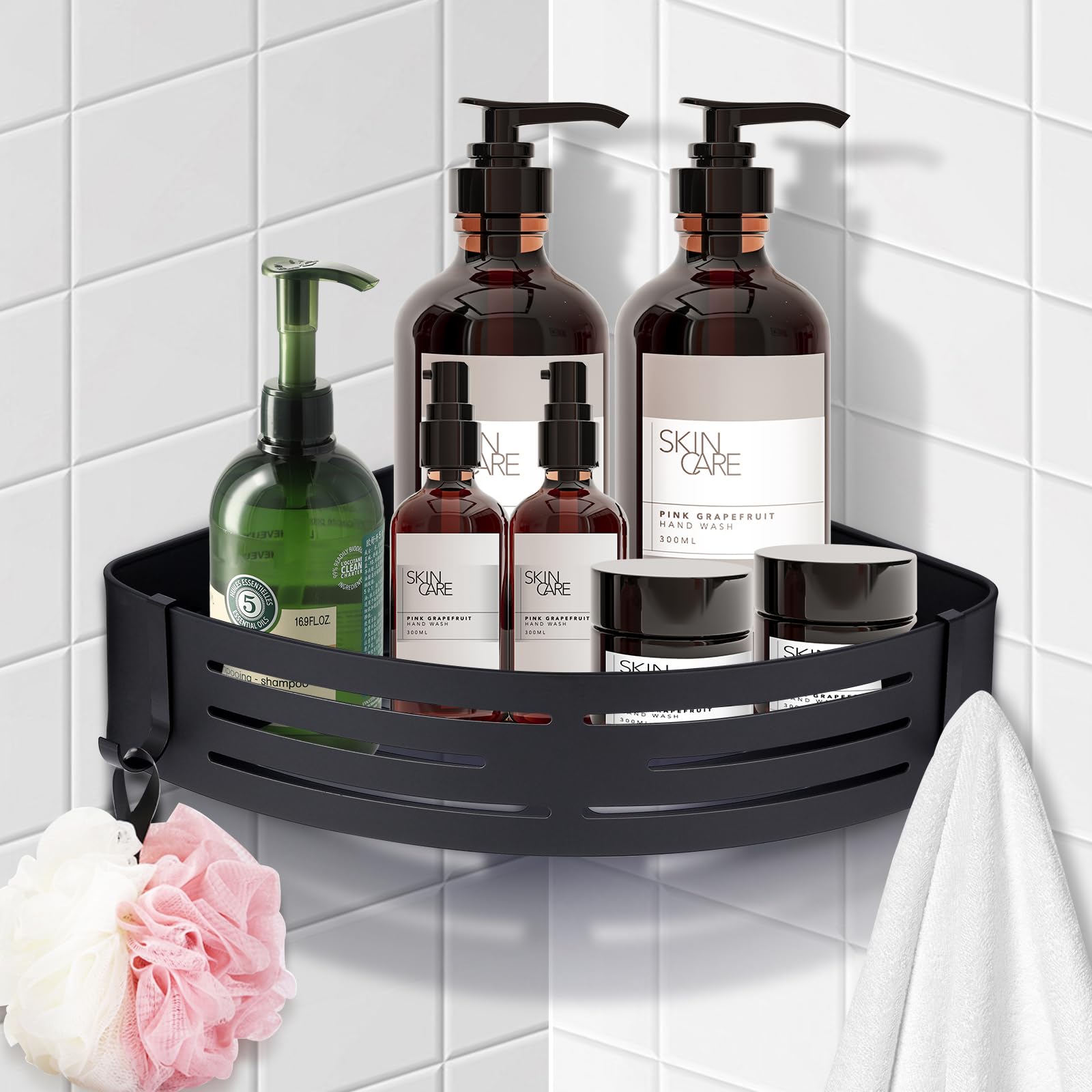 Ironcarrot Shower Caddy Shelf Rack, Self Adhesive Shower Shelves with Hooks, Rustproof Bathroom Organizers and Storage, Home Decor Accessories (Triangle-Black)