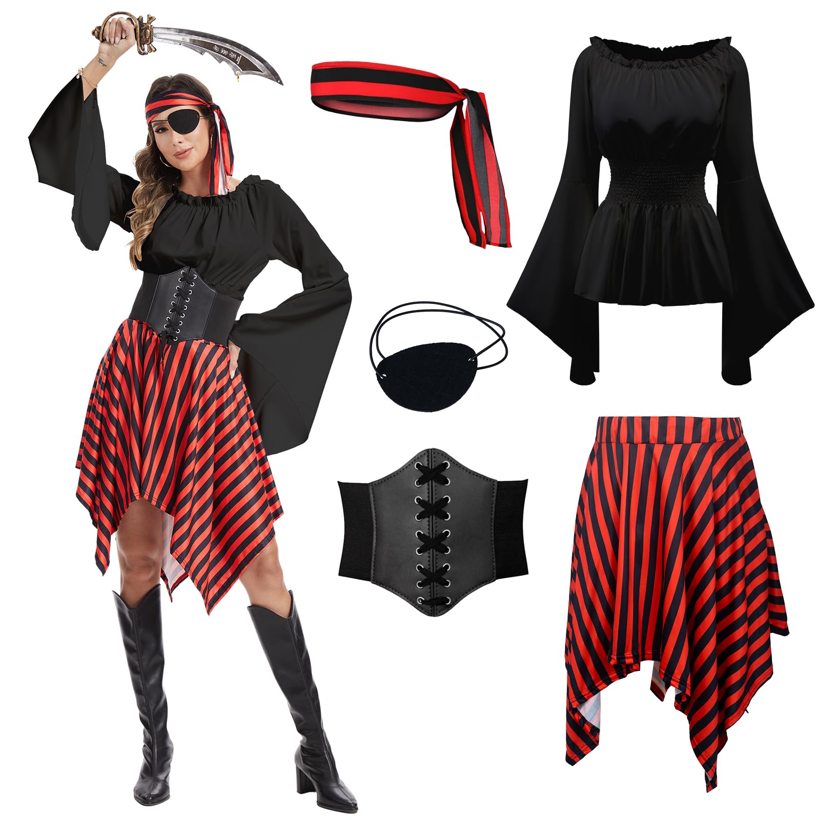 rumnigh Women's Pirate Dress Set Costume Medieval Renaissance Clothing with Pirate Accessories for Carnival Halloween Party (Black, L) โ image 1