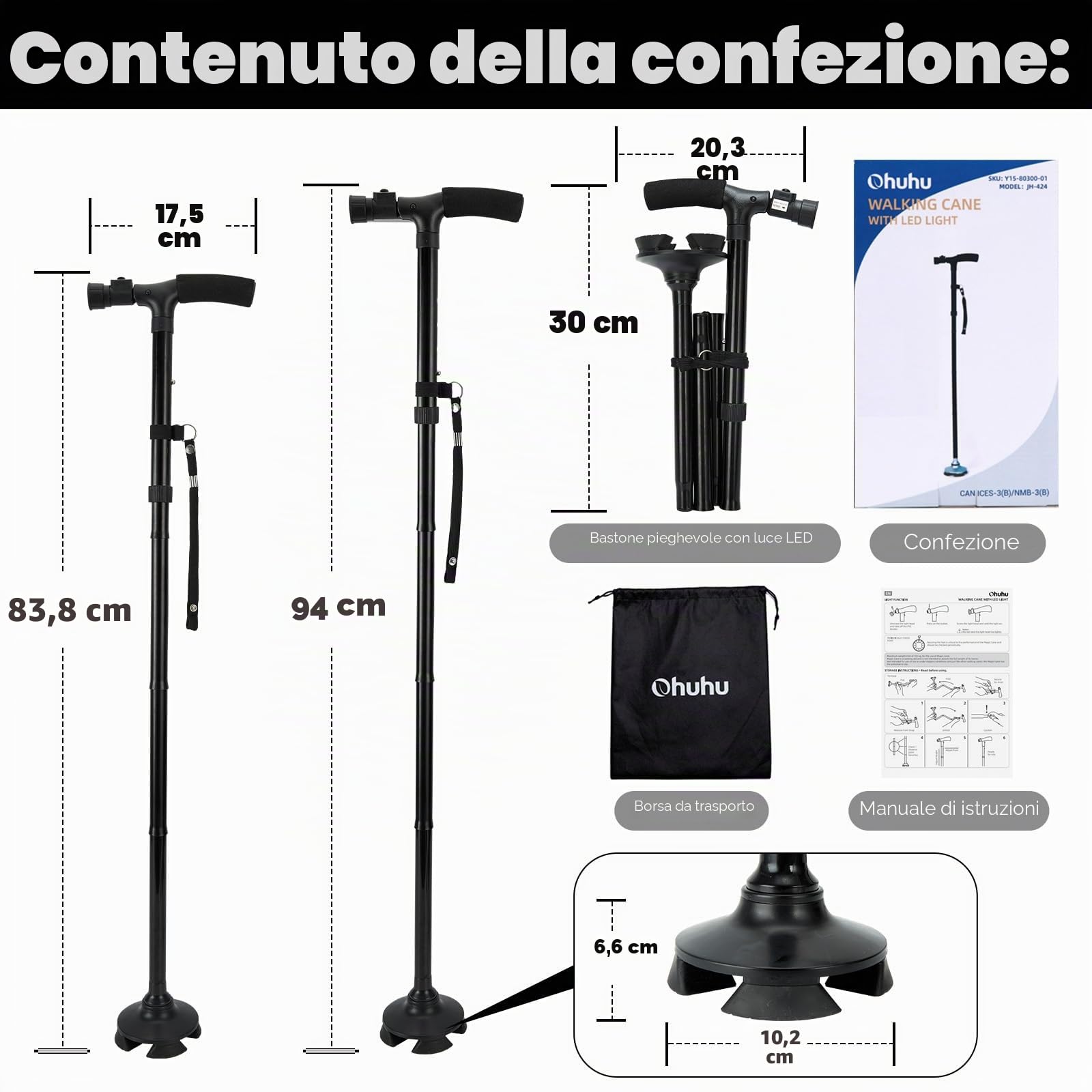 Bastone pieghevole con luce a LED, Ohuhu Bastone Passeggio Pieghevole Regolabile in Altezza per il Trasporto, con cuscino a T e base girevole, con borsa di stoccaggio
