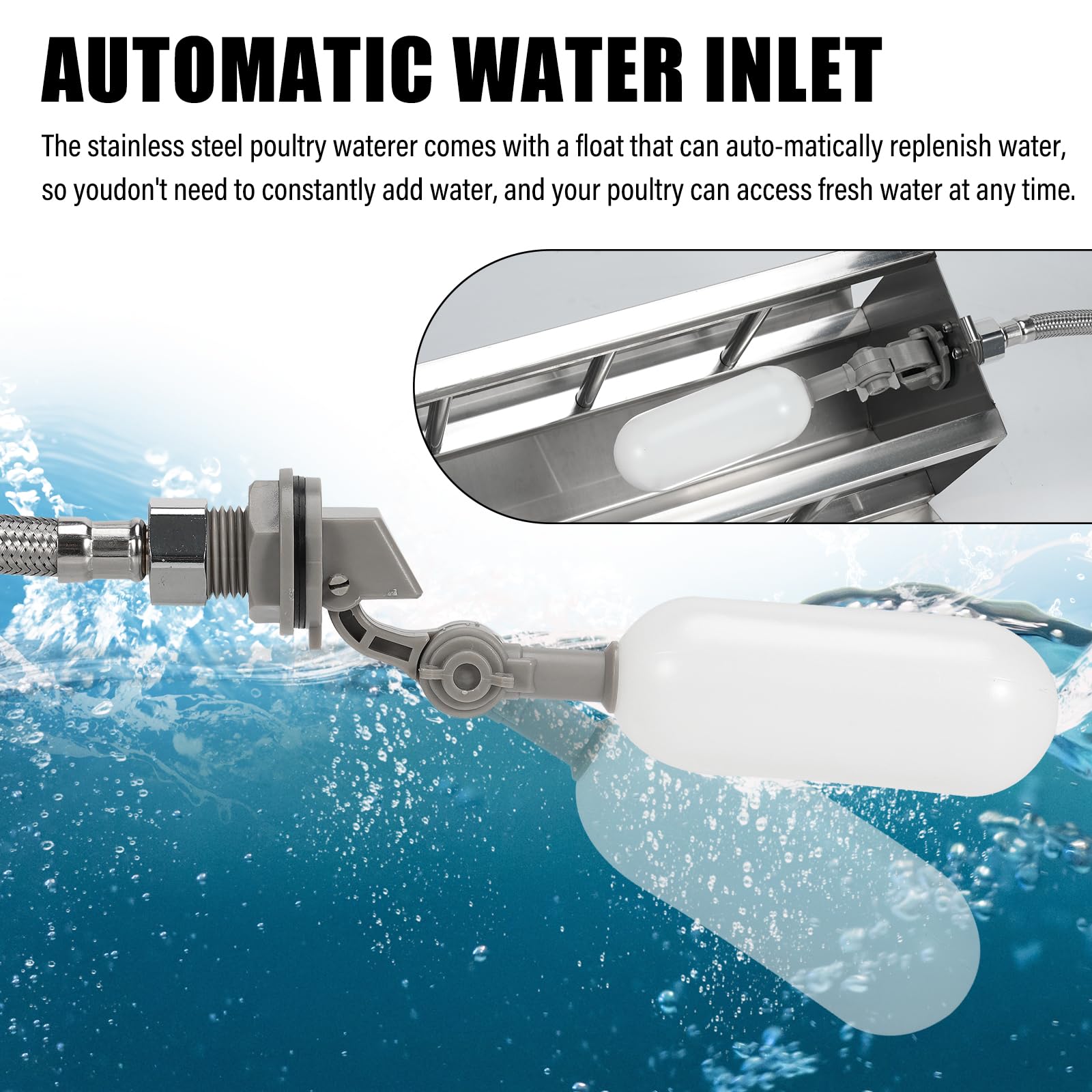 Abbeveratoio Automatico per Piccioni 2.6L Acciaio Inox Fontana di Abbeveratoio per Pollo con Valvola a Galleggiante Distributore D'Acqua per Pollame Uccelli Piccioni Polli