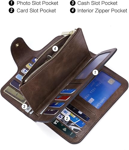 Miniatura 3 de Cartera para mujer, de piel, plegable, larga, con tarjetero, organizador para damas, encerada con aceite, de dos tonos color amarillo