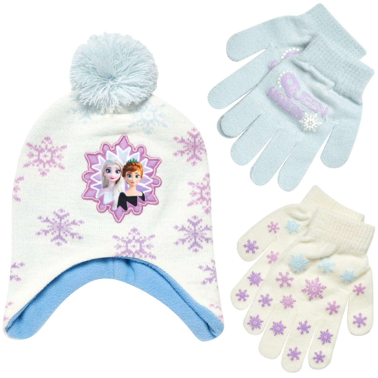 Disney Girls Frozen Winter Hat and 2 Pair Gloves or Mittens (Age 2-7) (White/Purple Gloves, Age 4-7)