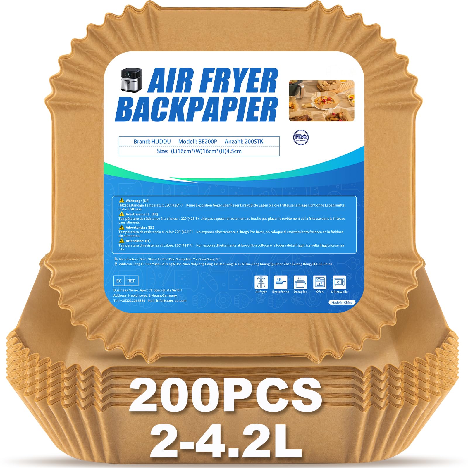 16cm Papel para Freidora de Aire Cuadrado,200 Piezas 2-4,1 L Papel de Horno a Prueba de Aceite Antiadherente Desechable para Horno y Microondas Sartén