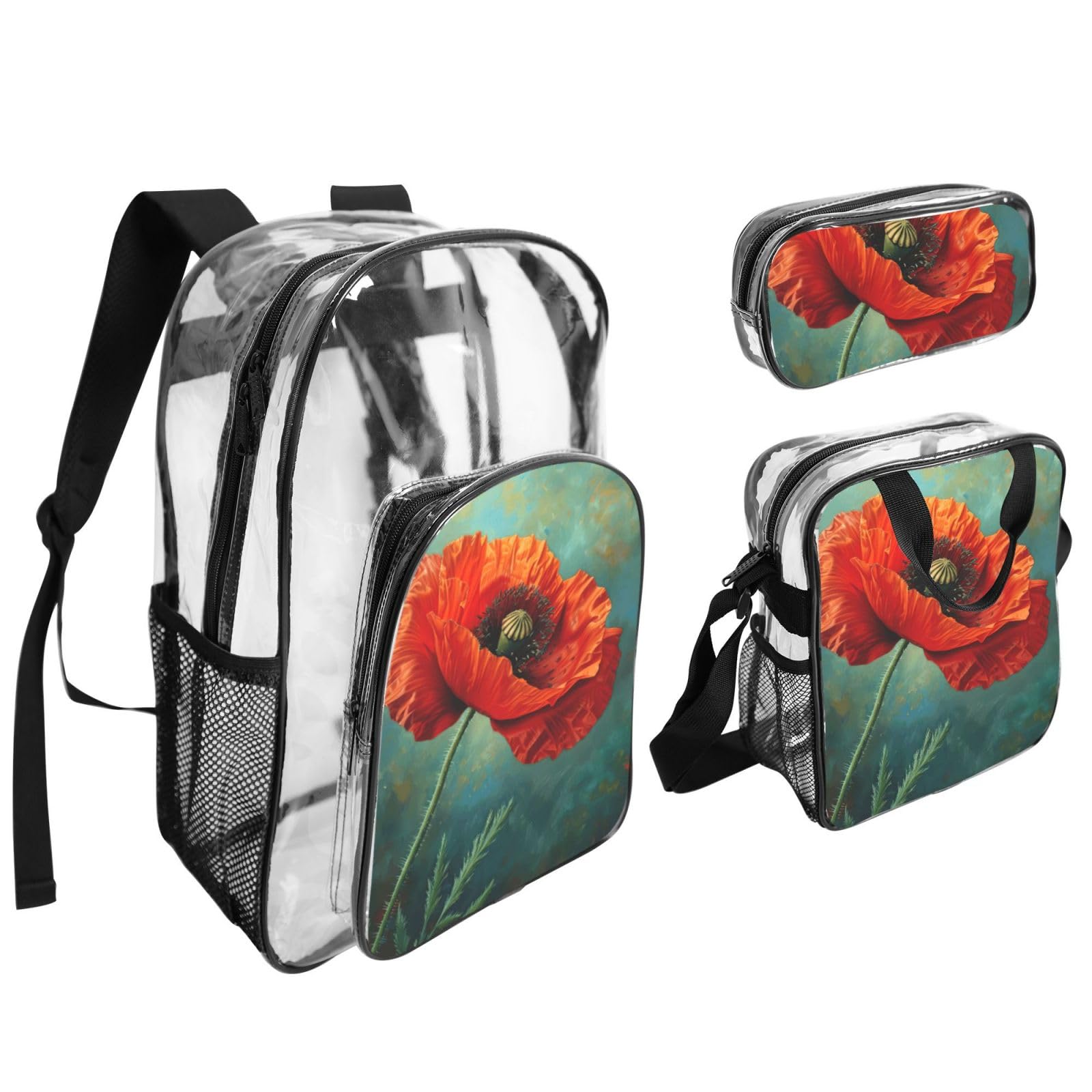 Poppy Flower Print 3-częściowy przezroczysty plecak zestaw do podróży na świeżym powietrzu przygody wakacje przezroczysta torba