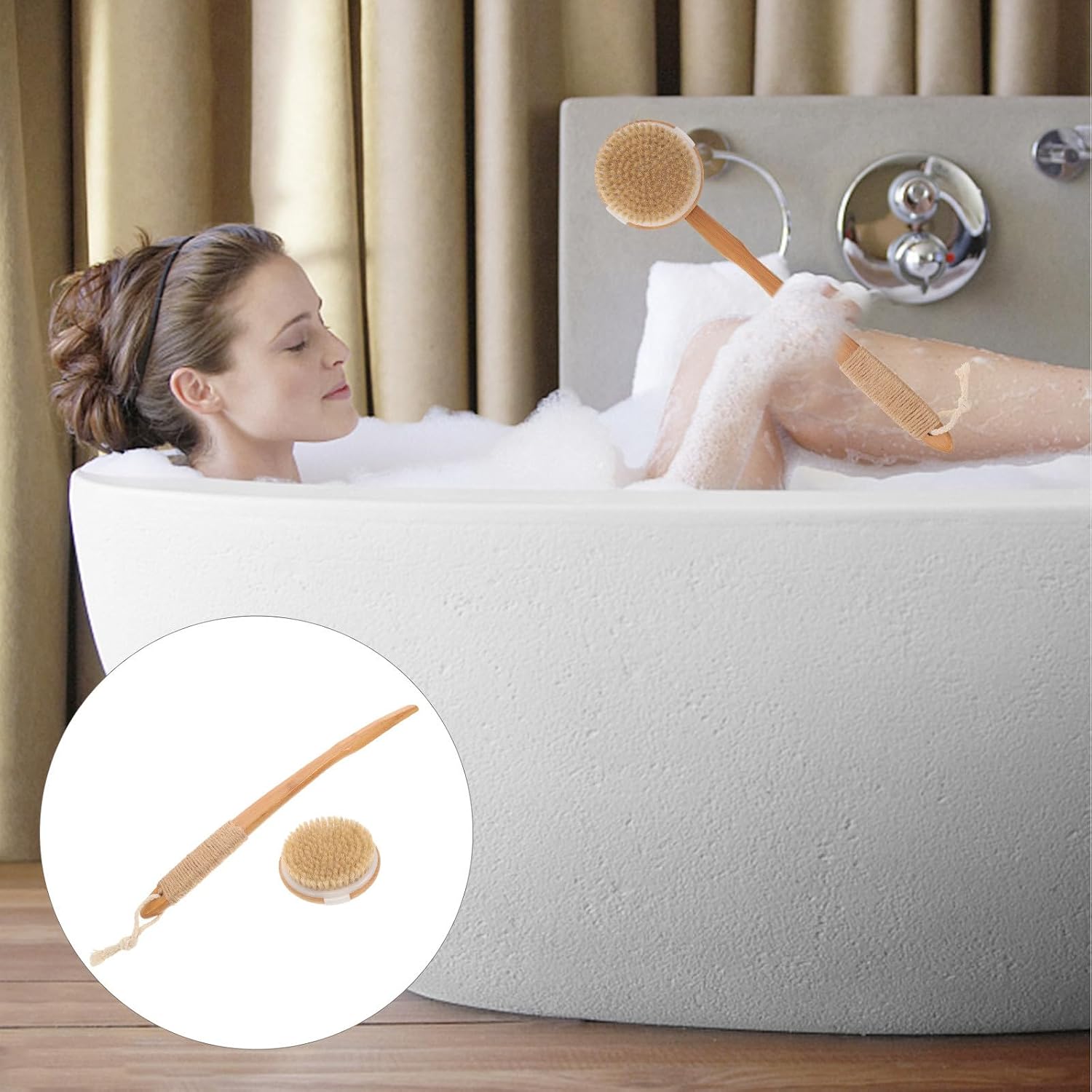 Alipis Detachable Shower Back Scrub Brush with Long Handle, Ergonomic Bath Body Scrubber for Elderly and Disabled, Removable Round Head Bathing Brush for Shower Cleaning