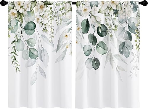 Miniatura 4 de Opeoddie Cortinas de cocina con hojas de eucalipto verdes, bohemias, blancas y verdes, cortinas de baño florales para cafetería, cortinas pequeñas