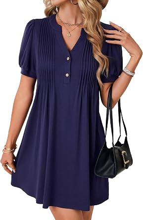 Rooscier Womens Puff Sleeve Mini Dress Short Sleeve V Neck Elegant Casual Summer Dresses Beach Sundress