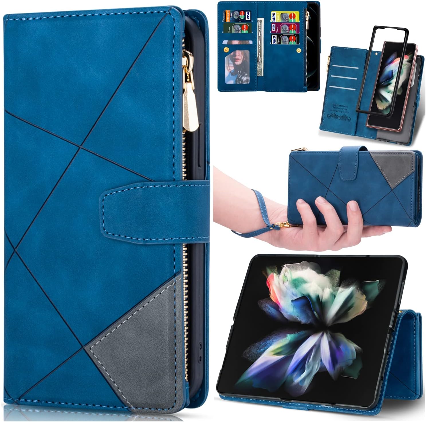Designed for Galaxy Z Fold 3 5G Case (2021) Samsung Galaxy Z Fold 3 Wallet Cases Zipper Leather Card Slot Flip Magnetic Phone Cover Compatible with Z Fold3 Wrist Strap Kickstand Stand Purse 7.6 Inches