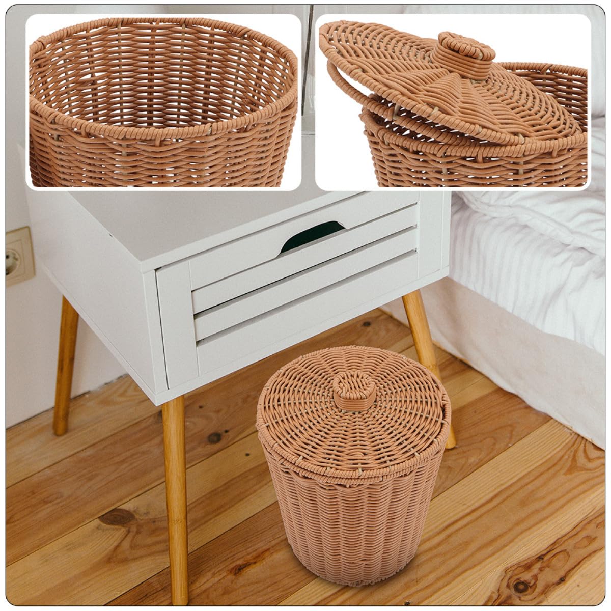 BETOOKY Cestini Portaoggetti in Plastica PP con Coperchio Set 2 Pezzi Design Finto Rattan Intrecciato Multiuso per Soggiorno e Casa Contenitori per Rifiuti e Articoli Vari Resistenti