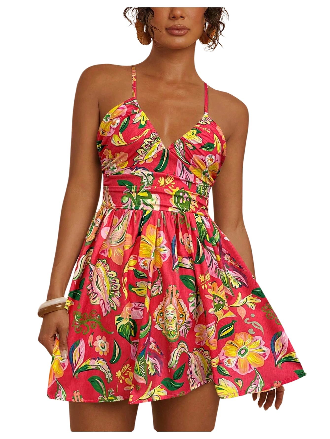 Women's Boho Tropical Mini Dress Spaghetti Strap Summer Dresses