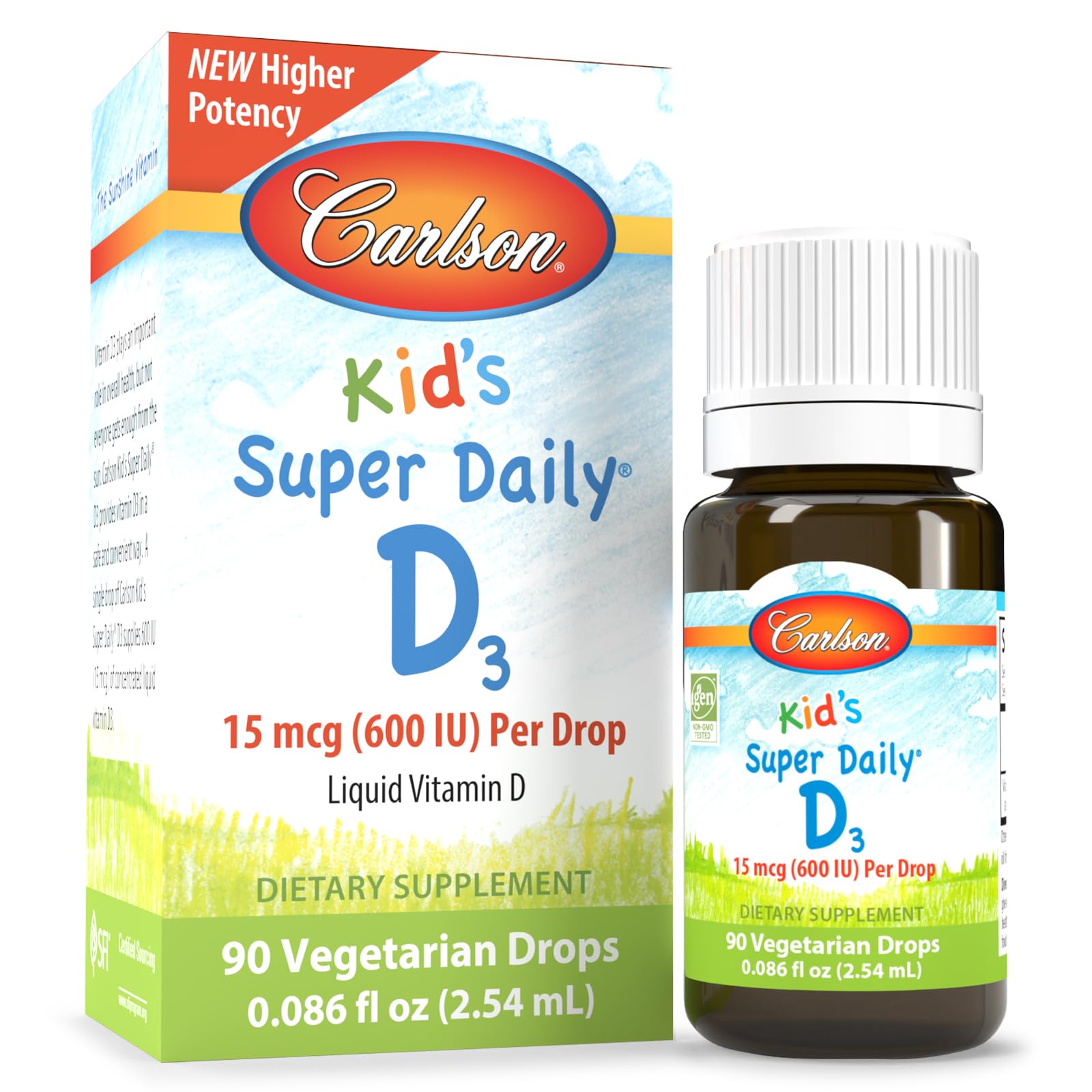 Carlson Kid's Super Daily D3, 600 IU (15 mcg) per Drop – Liquid Vitamin D Drops for Kids, 90 Drops (2.54 mL), Vegetarian, Unflavoured