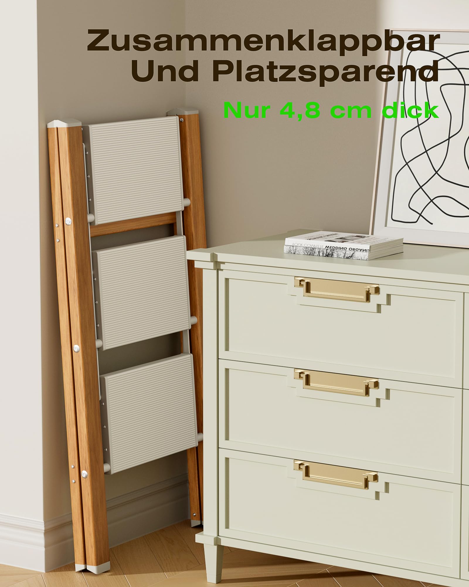 Trittleiter 3 Stufen klappbar,150 kg Kapazität mit Anti-Rutsch-Pedal,Tragbarer Tritthocker aus Alu,einfach zu verstauen,Innen- und Außenbereich, ästhetisches Aussehen,Weiß Holz