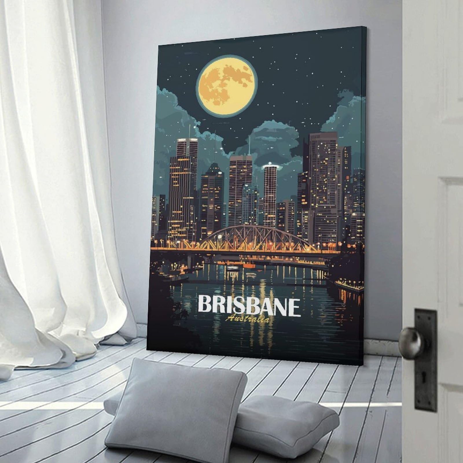 Junmoney Brisbane Australia Cityscape at Night Wall Art Print 20x30inch(50x75cm), for Hallway, Entryway Or Landing, Wall Decor to Refresh Empty Corners, for Cosy Room Updates