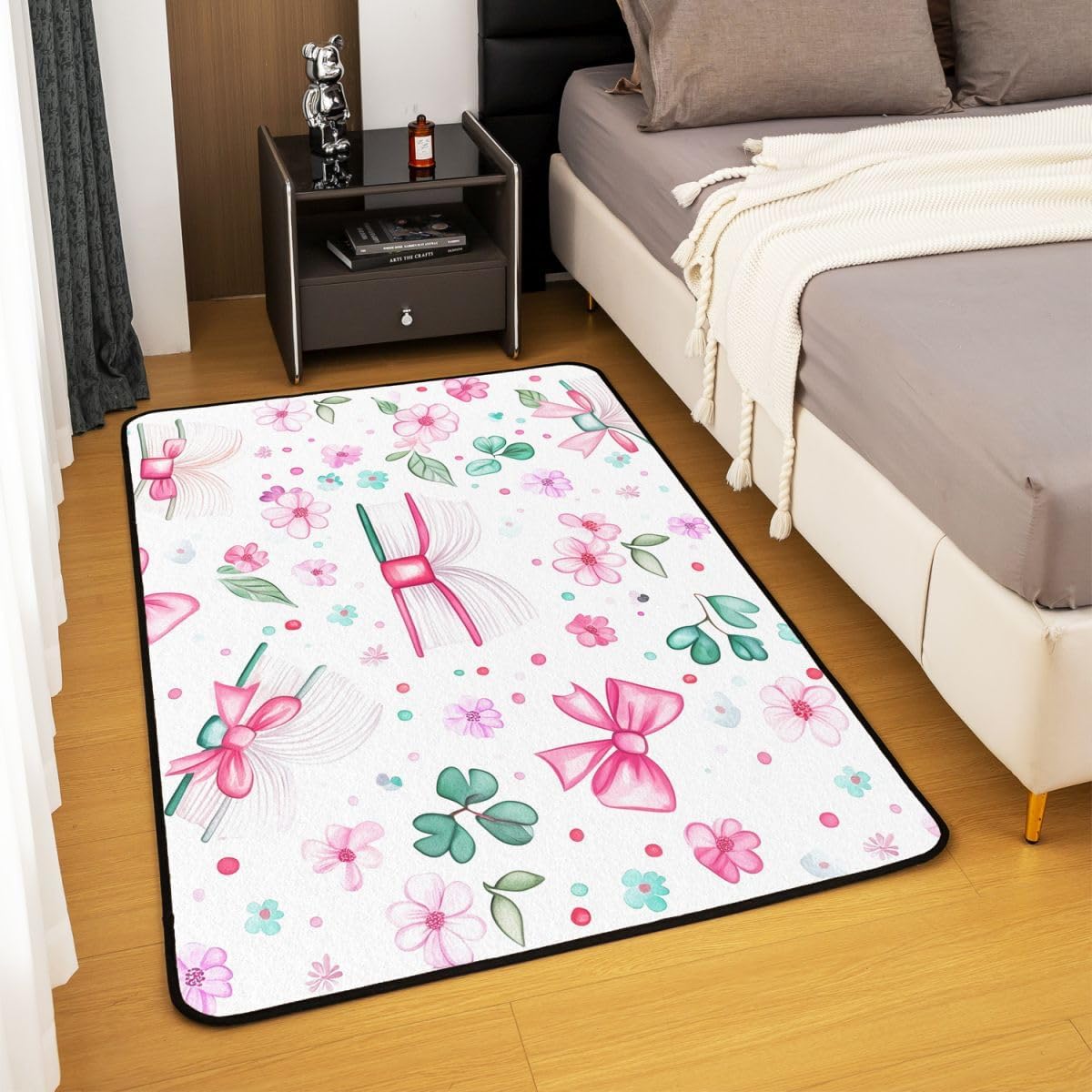 Book Theme Area Rugs,Pink Bow Print Non Slip Carpet Watercolor Flower Leaves Indoor Floor Mat Entrance Rug,Reading Book Lover Home Living Room Bedroom Decor,3'x5'