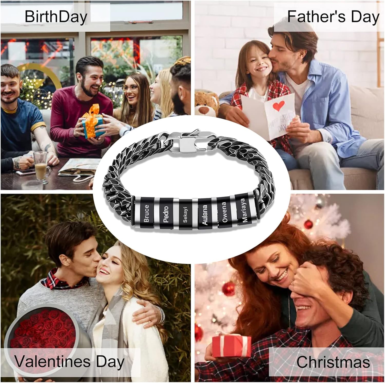 Custom Cuban Link Name Bracelet for Men Personalized Chain Bracelet with 1-6 Beads Hip Hop Jewelry Gift for Boyfriend Dad Husband Son Fathers Day Birthday Valentines