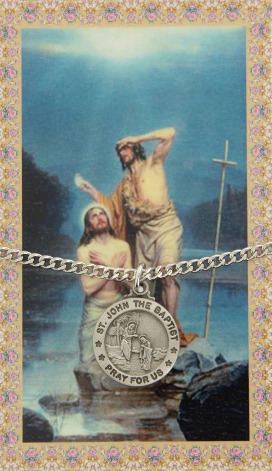Miniatura 2 de Sterling Faith Medalla redonda de peltre San Juan el Bautista cadena infinita de 240in tarjeta de oración laminada