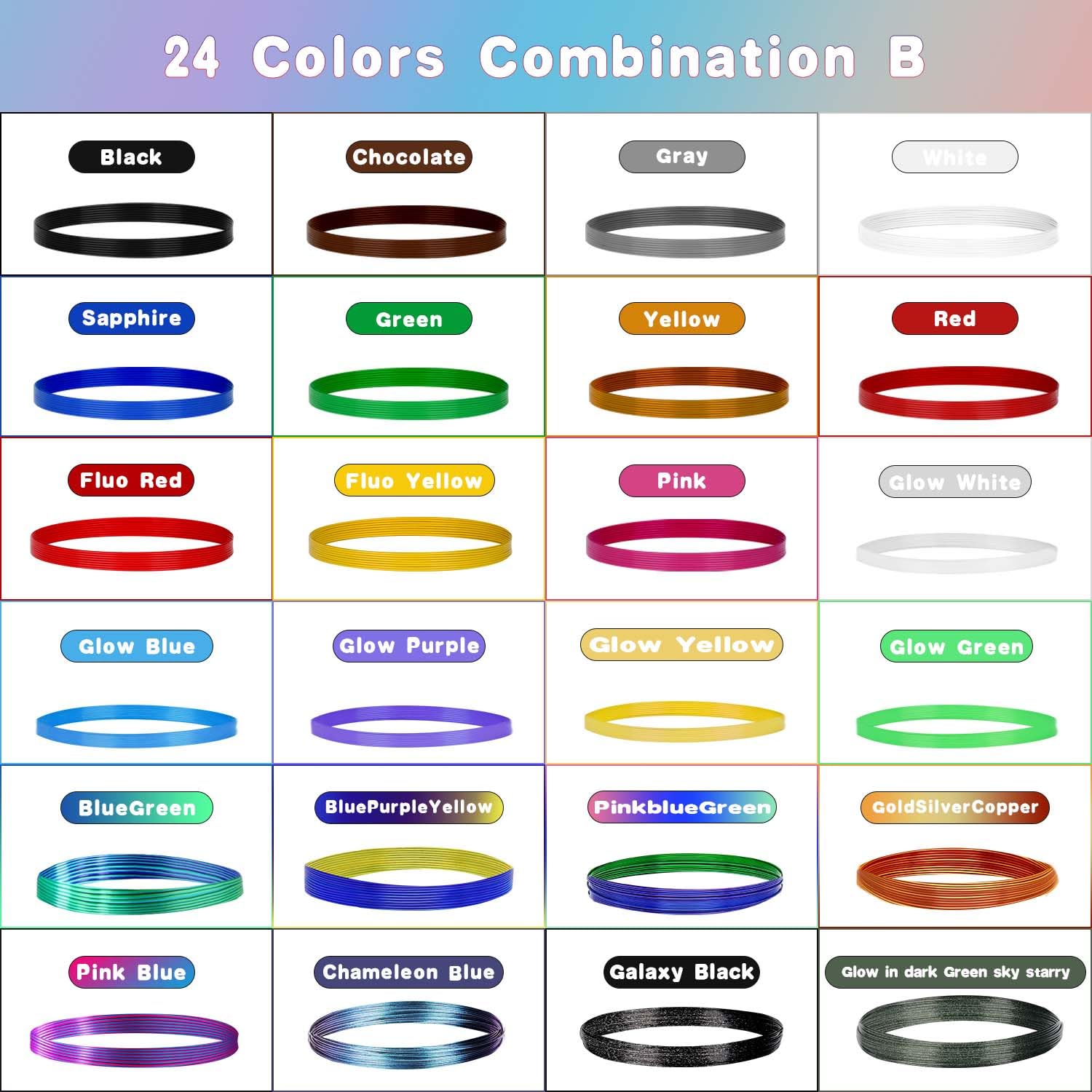 YOUSU Filamento 3D Penna 24 Colori, Filamenti Penna 3D, Ricariche Penna 3D, 3 metri per ogni colore, Total 236.22 Feet, filamento PLA per penna 3D 3d pen, Fili PLA per Penna 3D