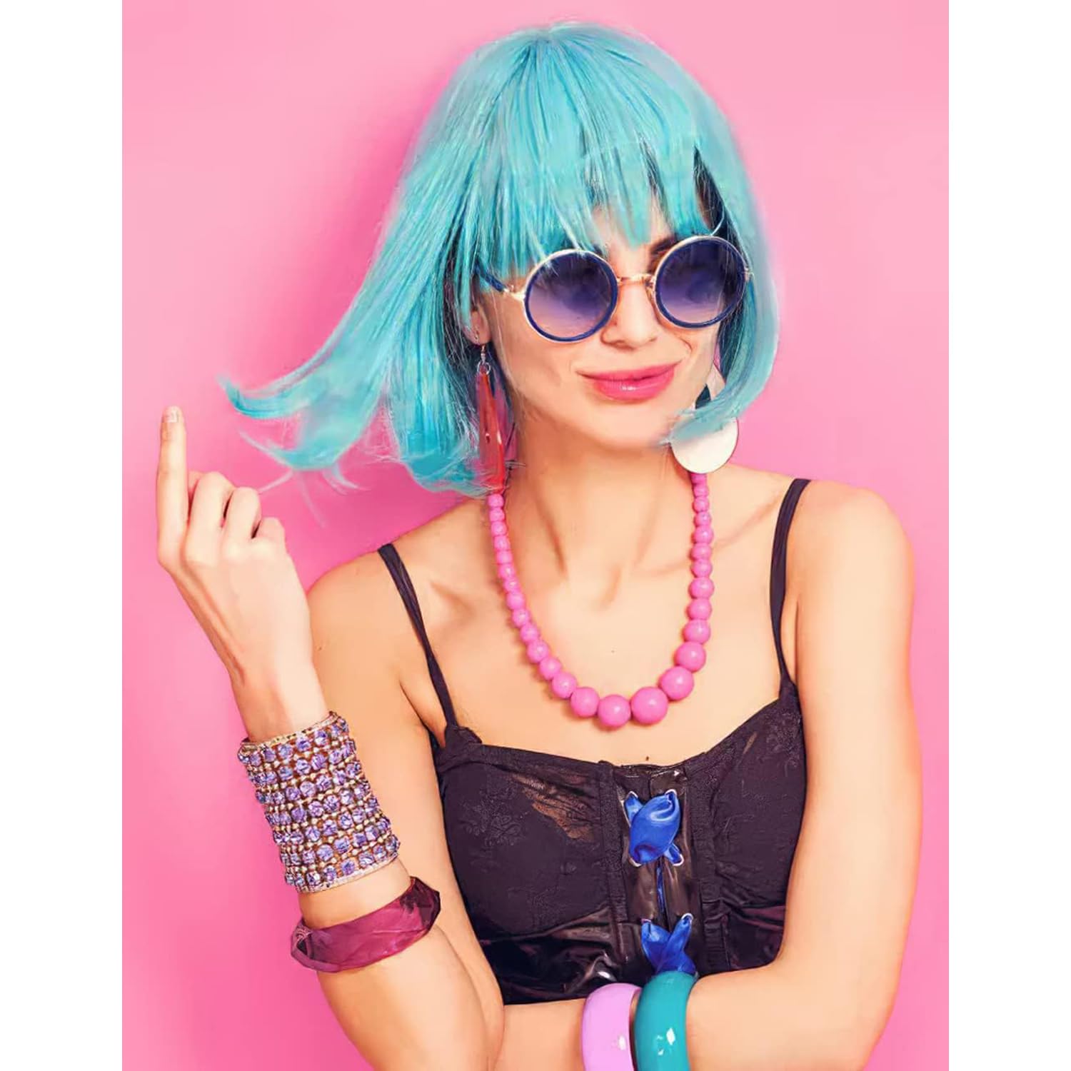 Creamily Short Bob Blue Wig with Bangs, Colorful Wig for Halloween Daily Cosplay & Party Use - Image 3