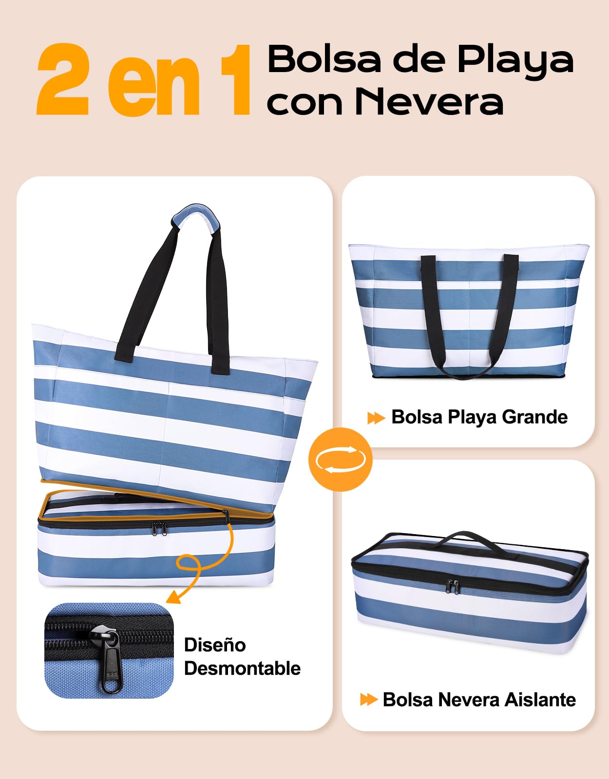 CIRYCASE Bolso Playa Mujer con Nevera 2 en 1, Impermeable & Plegable Bolsa Viaje XXL Familiar, Beach Bag 54L Extra Grande con Cremallera y 9 Bolsillos para Piscina/Picnic/Gimnasio/Compra Esenciales