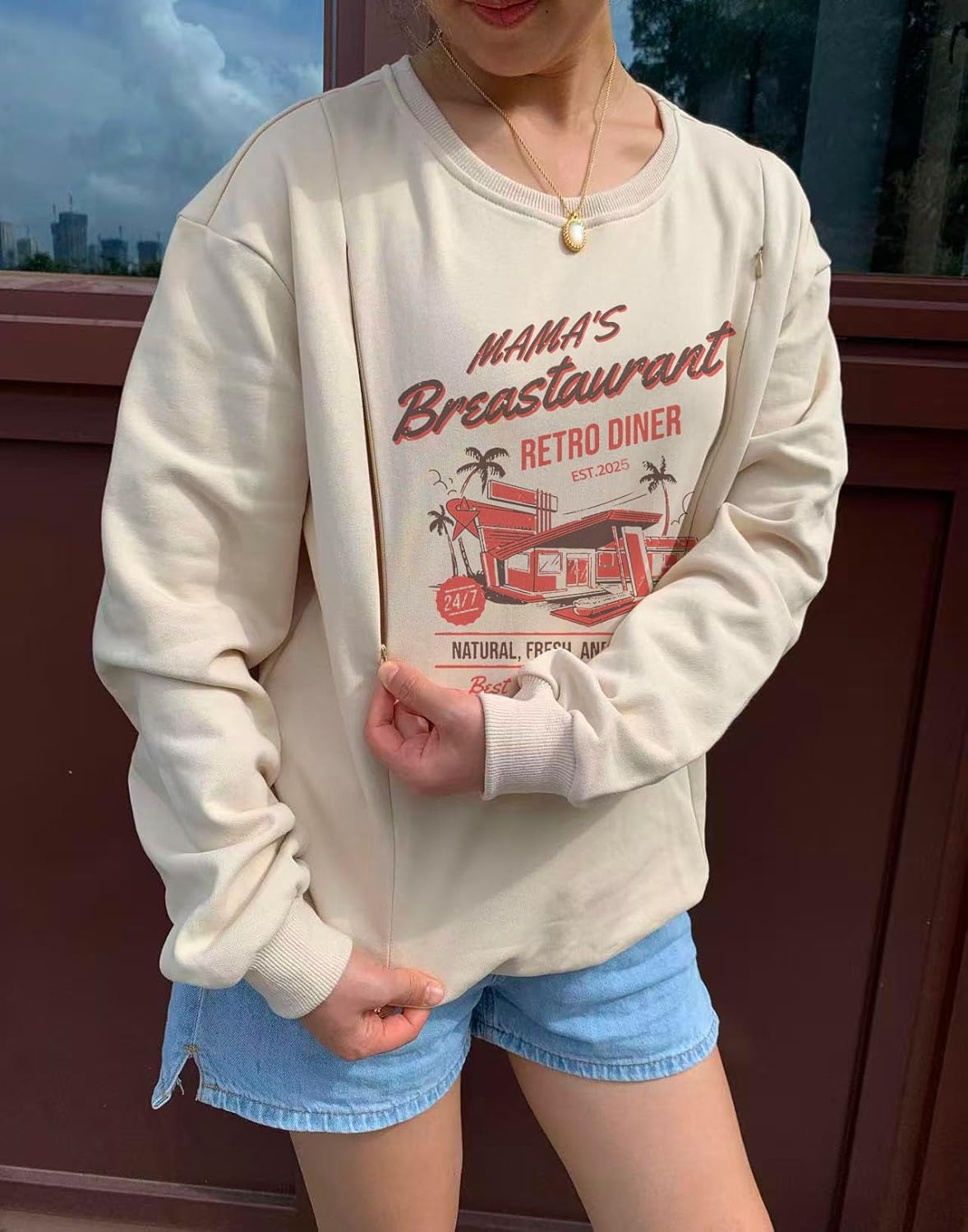 Nursing Sweatshirts for Breastfeeding Maternity Tops with Zippers Cotton Breastfeeding Shirt Pregnancy Clothes
