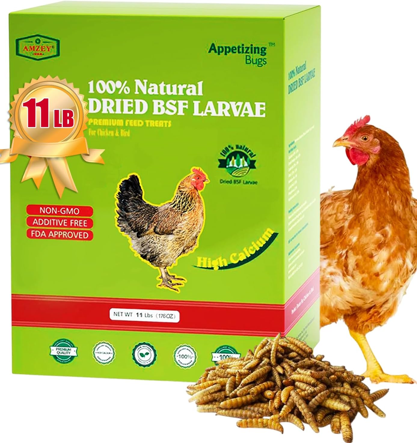 Amzey Dried Black Soldier Fly Larva/Dried Mealworms – 11 LBS – 100% Natural BSF Larvae – 85XMore Calcium Than Mealworms – High Calcium Treats for Chickens, Birds, Reptiles, Hedgehog, Geckos, Turtles