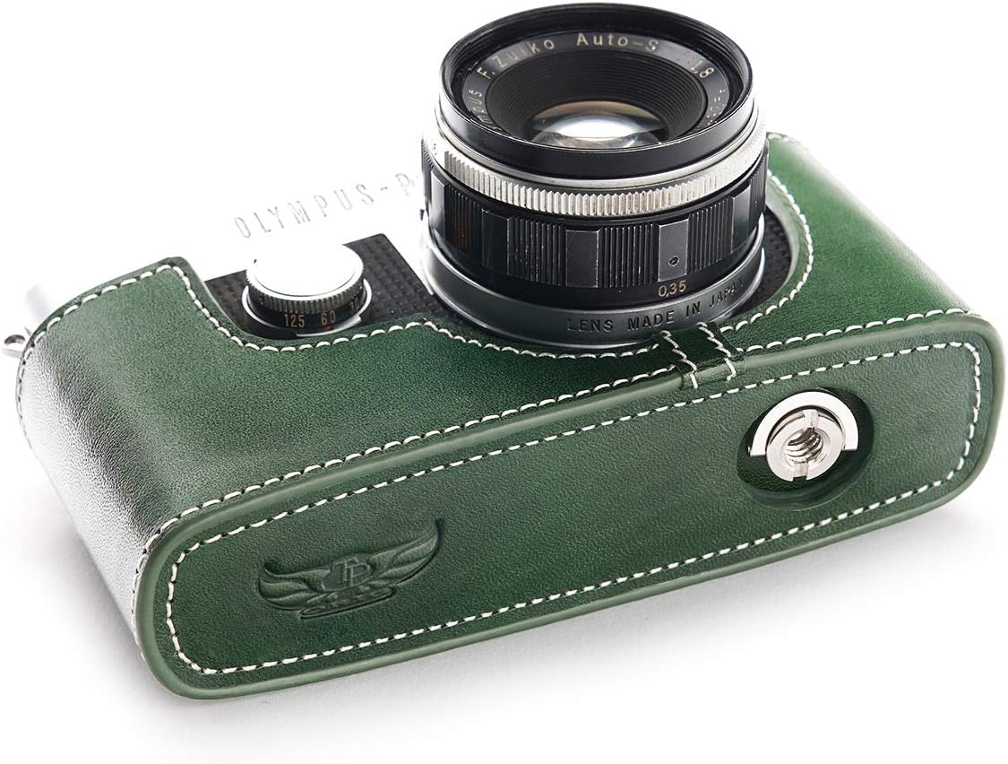 Pen-FT Case, BolinUS Handmade Genuine Real Leather Half Camera Case Bag Cover for Olympus Pen-FT Film Camera with Hand Strap (Green)