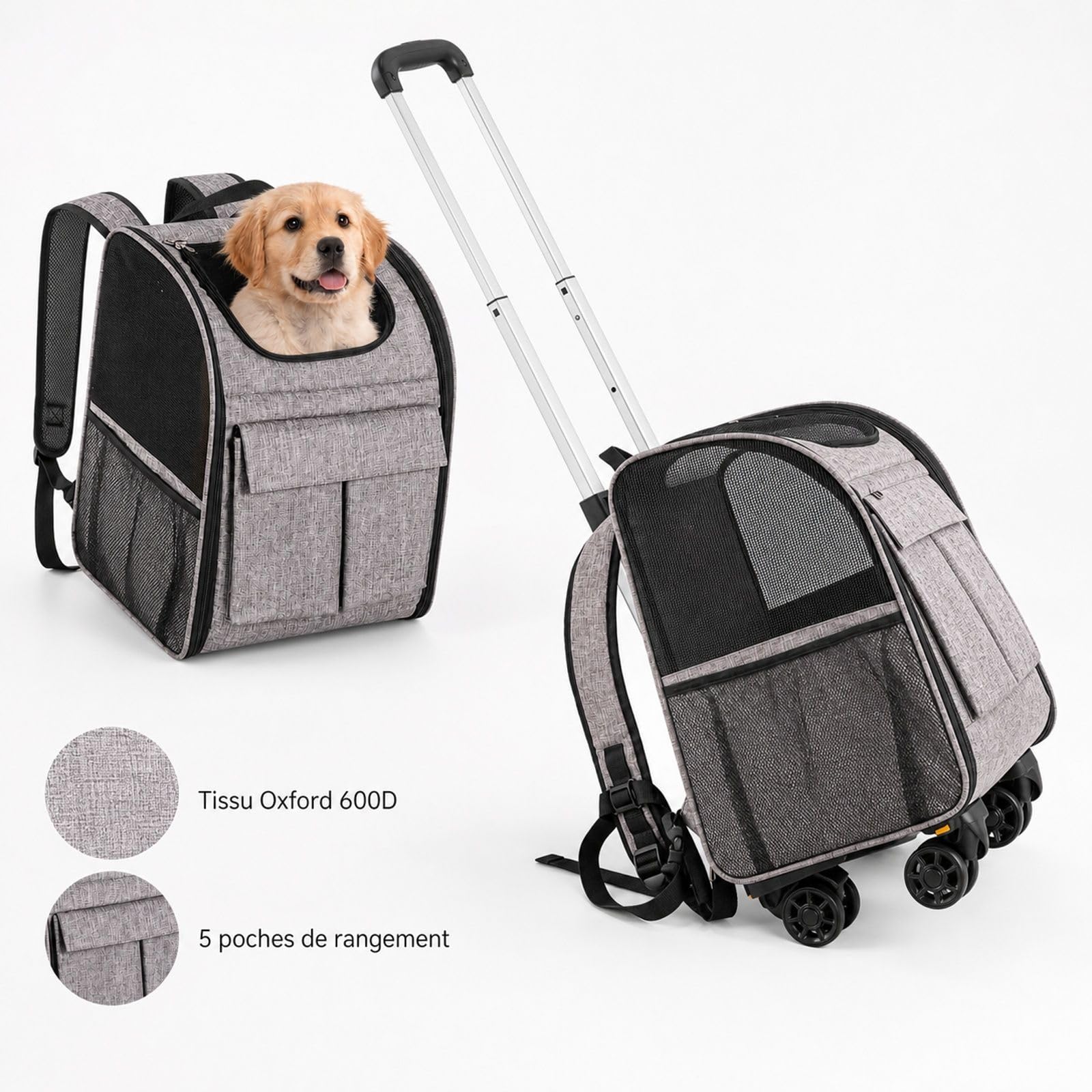 Sac de Transport à roulettes pour Chat et Chien jusqu'à 8,1 kg, Gris, avec poignée télescopique, bandoulière et gamelle Pliable