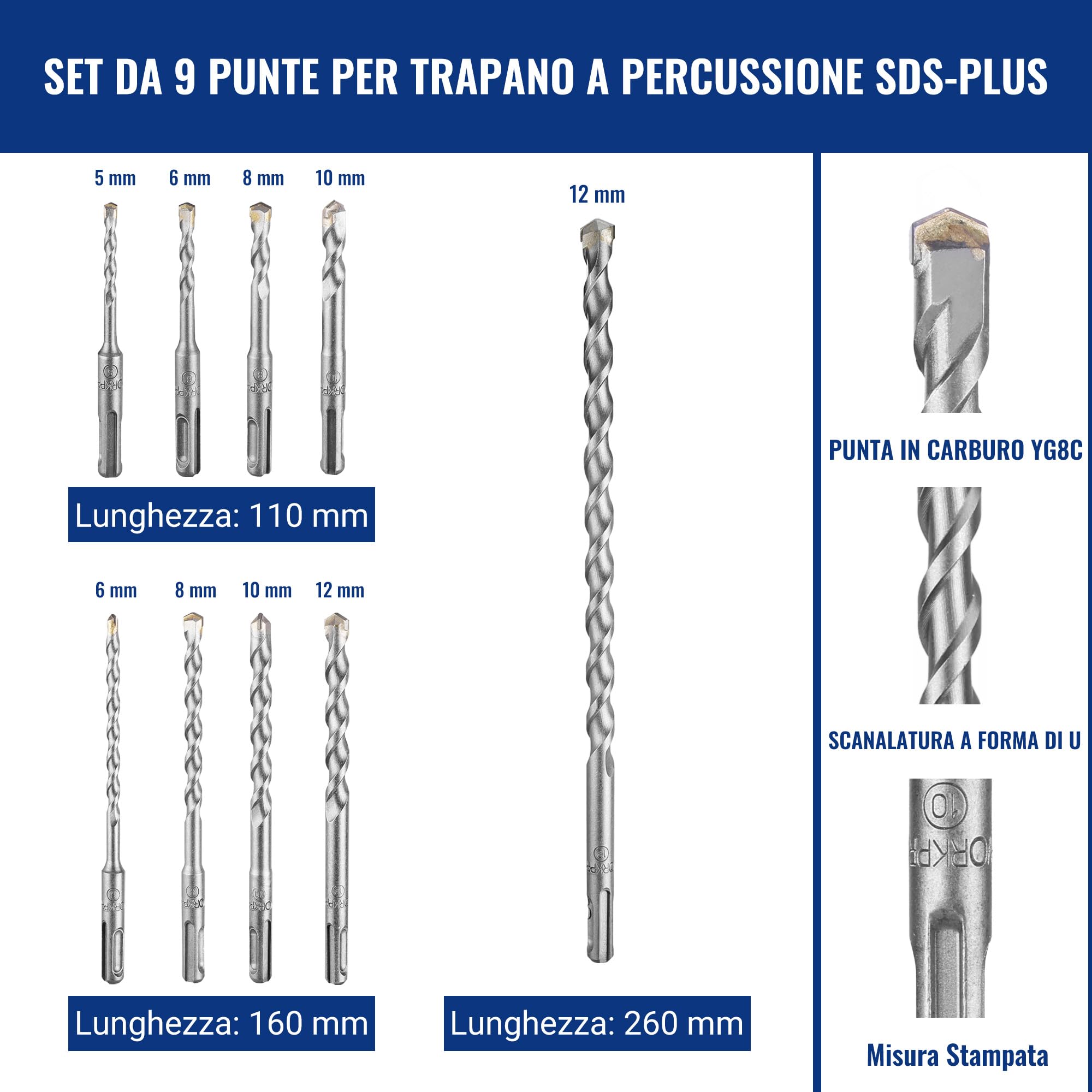 WORKPRO Set da 15 punte da trapano SDS-Plus, set di punte per trapano con mezzi punta e punta piatta per mattoni, cemento, pietra, calcestruzzo e muratura, accessori per martello perforatore