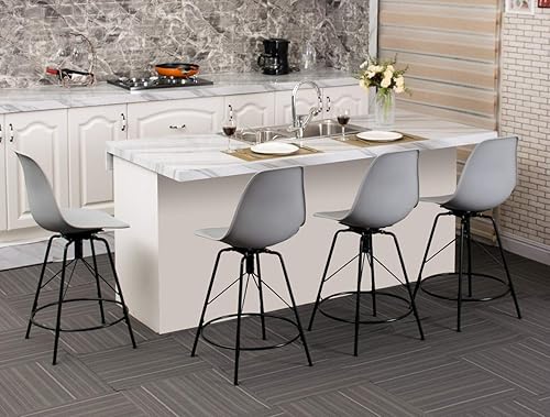 Miniatura 4 de Awonde Taburetes de bar giratorios de 24 pulgadas con respaldo, juego de 4 taburetes de altura de mostrador de plástico gris, sillas de bar con