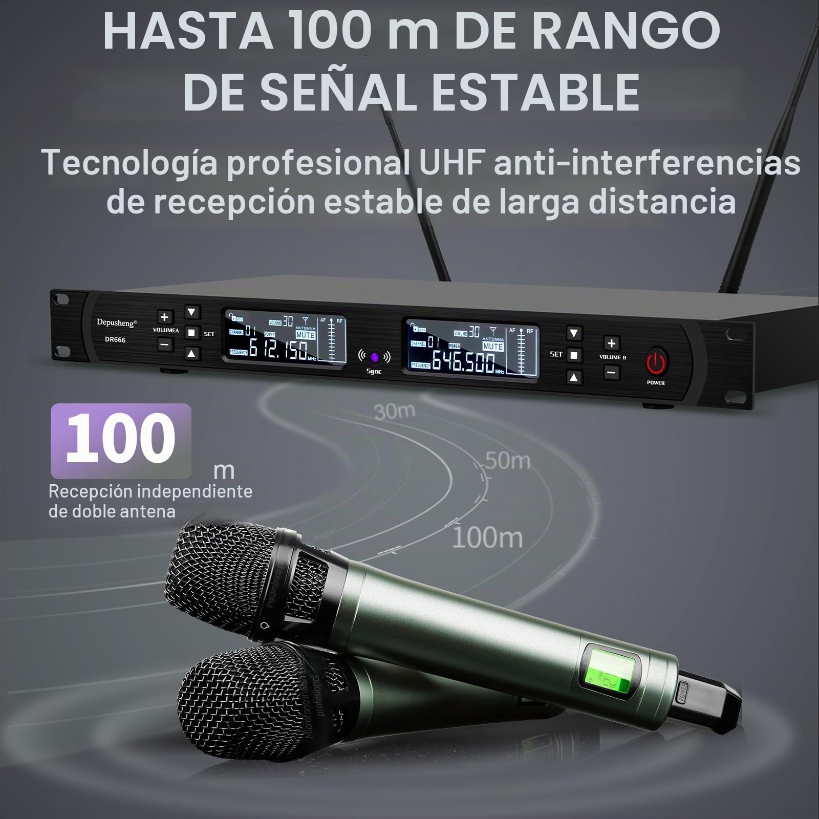 Depusheng DR666 Micrófono inalámbrico Profesional Karaoke 2 micrófono inalámbrico portátil Carcasa de Metal recepción de Larga Distancia 100 Metros dedicado para el Escenario de la Barra
