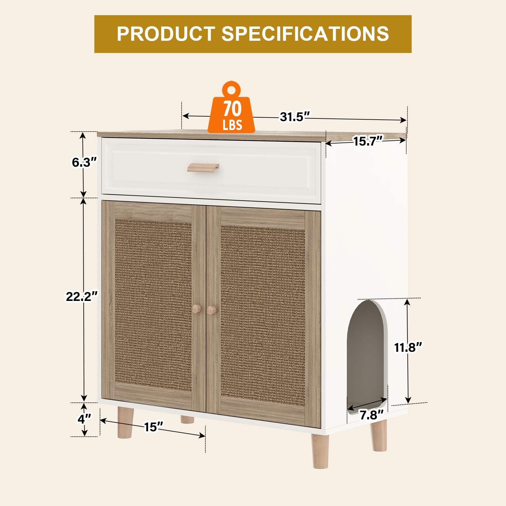 Cat Litter Box Enclosure Furniture Hidden Indoor 2-in-1 Wooden Cat House & Washroom Cabinet with Scratching Board Doors and Drawer, 31.5"x15.7"x34.6"H