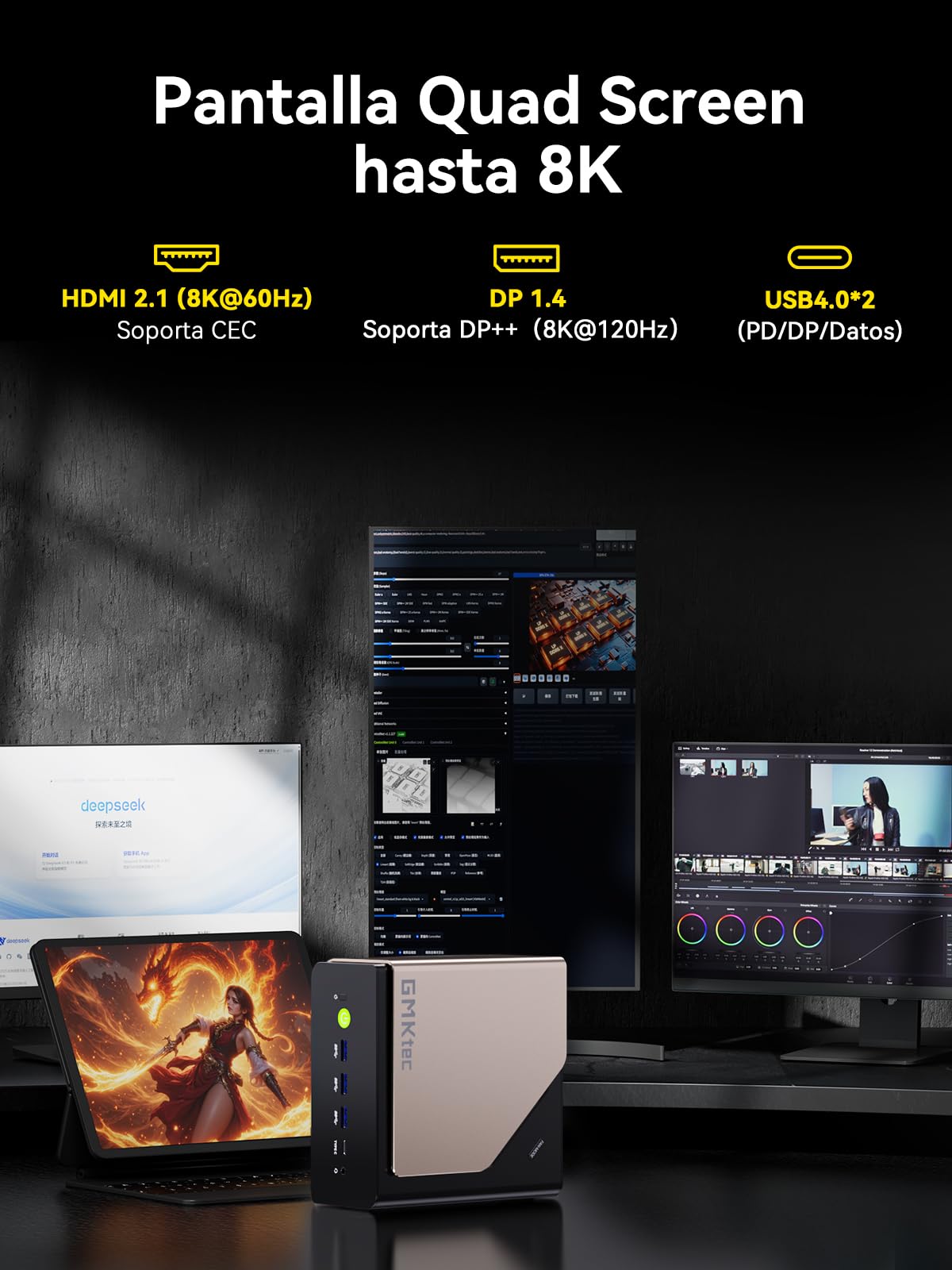 GMKtec EVO-T1 AI Mini PC Intel Ultra 9 285H, 64 GB DDR5, SSD M.2 PCIe 4.0 de 2 TB, 99 Tops, Mini Gaming PC con Oculink | Dual 2.5G LAN | USB 4.0 | Pantalla Cuádruple 8K, para el hogar y la Oficina