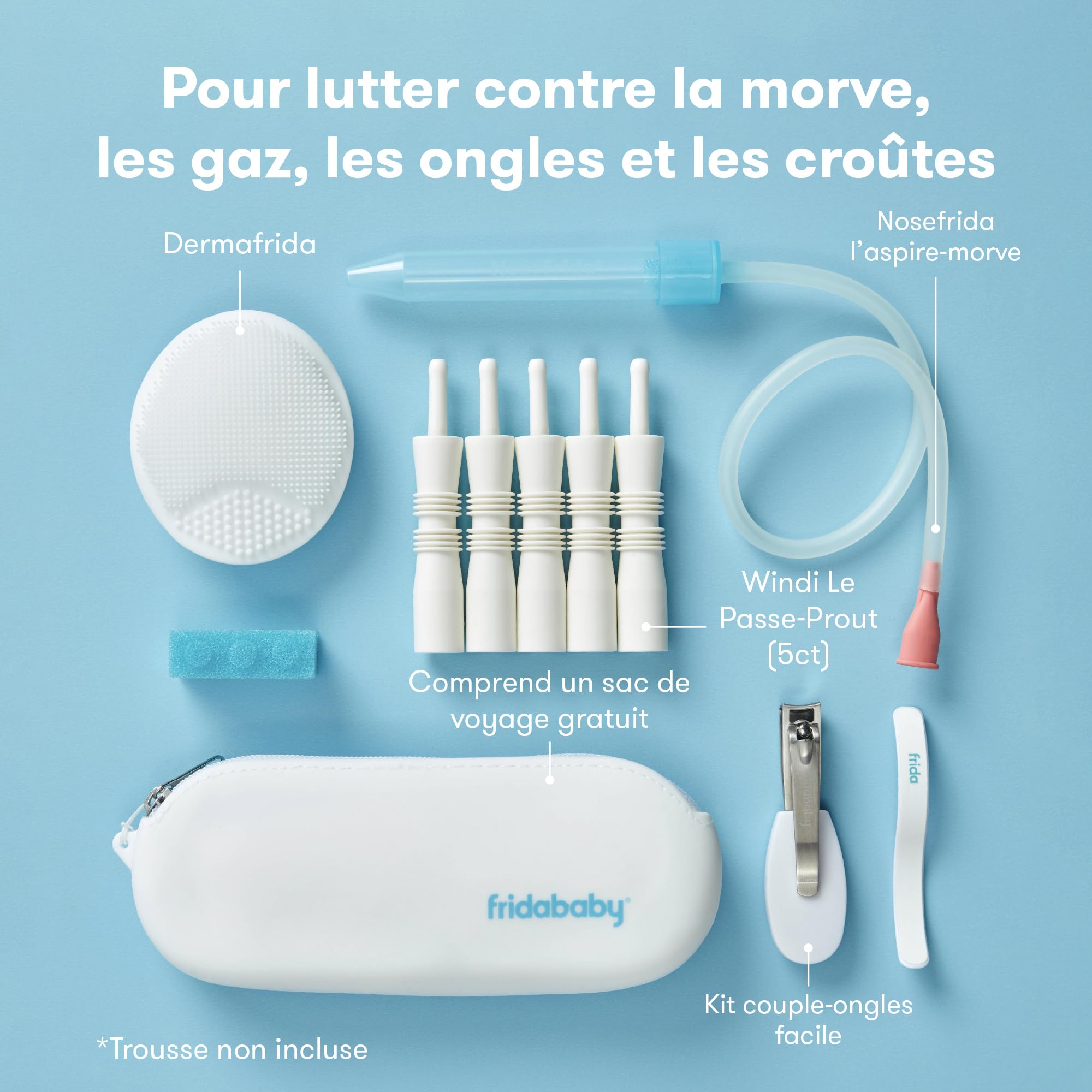 Frida Baby kit essentiels 6 pièces, comprend aspirateur nasal Snotsucker, limes à ongles NailFrida, Windi soulagement des gaz, brosse de bain DermaFrida + étui de transport en silicone