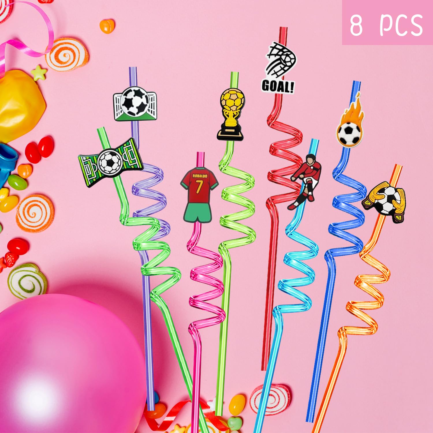 Ynaice 8 Pieces Reusable Drinking Straws Cocktail Plastic Straws Football Straw Soccer Party Straws Colourful Curly Straw for Kids Boys Adults Favors Decorations Party Supplies - Image 2