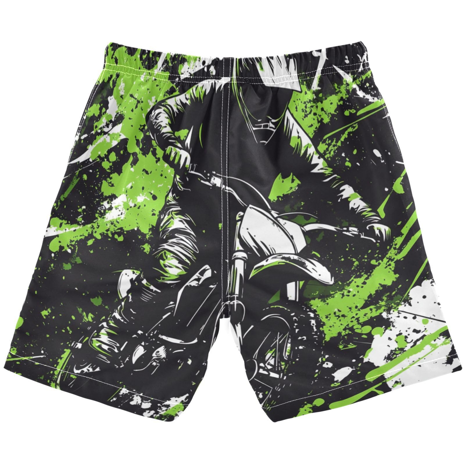 Jucciaco Boys Beach Board Shorts Graffiti Motocross Green Swim Trunk Teen Swimwear