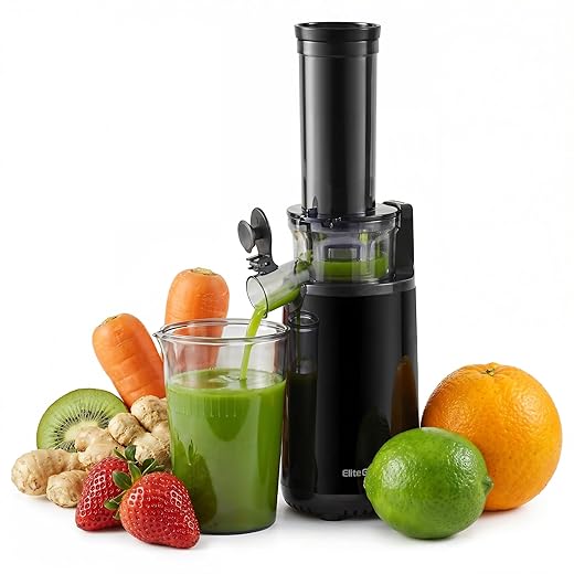 Elite Gourmet EJX600 Compact Small Space-Saving Masticating Slow Juicer, Cold Press Juice Extractor, Nutrient and Vitamin Dense, BPA-Free Tritan, Easy to Clean, 16 oz Juice Cup, Charcoal Grey