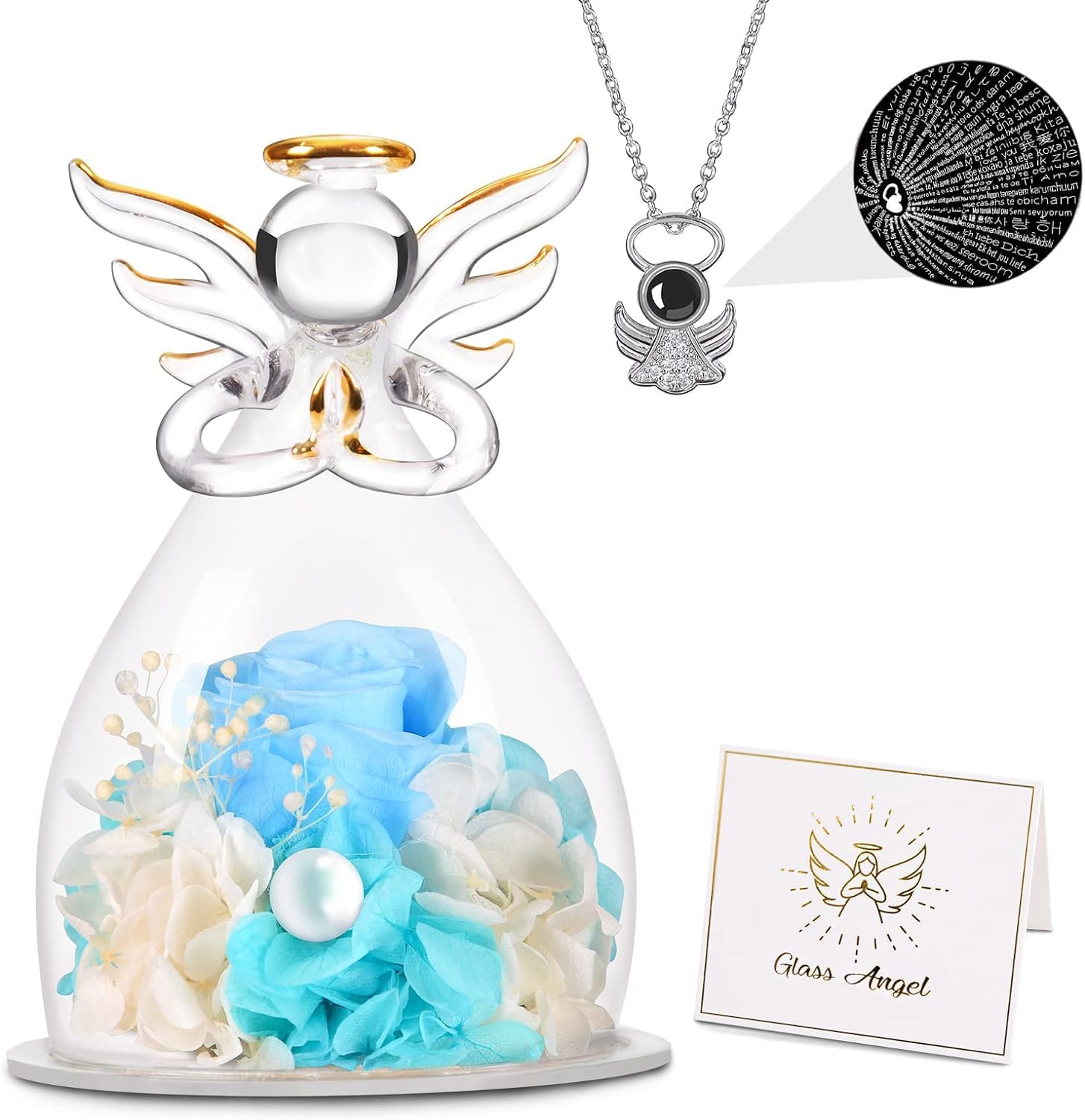 Preserved Real Rose Gifts for Mom Women Grandma Wife,Glass Angel Figurines with I Love You Necklace Gifts for Mothers Day Birthday Christmas from Daughter Son