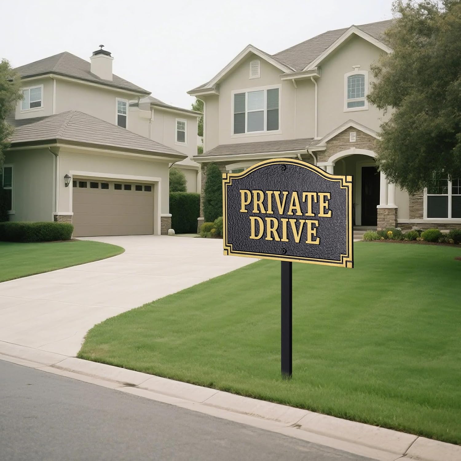 Private Drive Statement Plaque, Solid Metal Cast,Private Road/Driveway Sign, Heavy-duty Material, Golden Embossed Letters,11.5"×7.5" with 31.5" Stakes