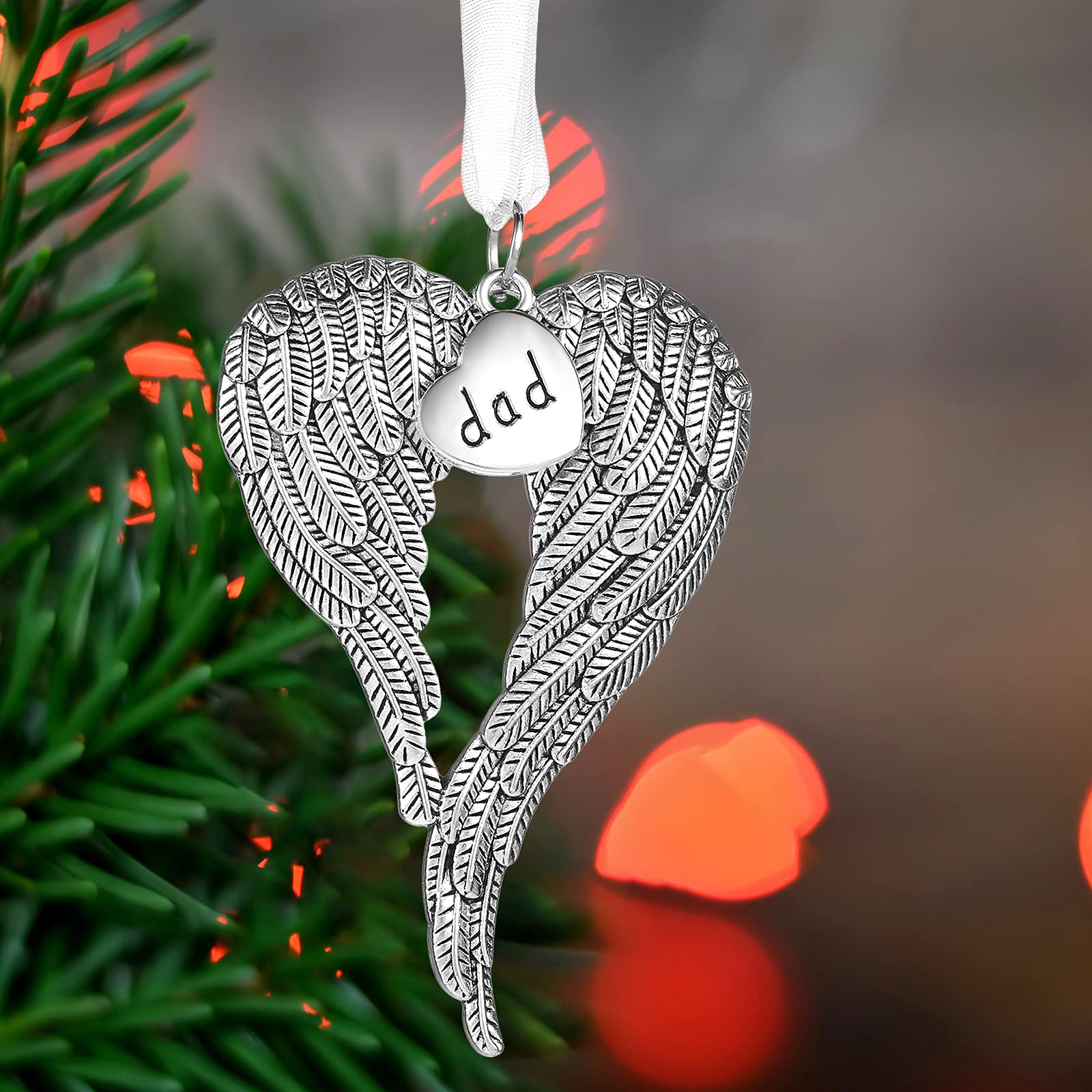 6 Pieces Angel Wing Memorial Ornaments Christmas Hanging Ornaments Christmas Tree Decoration Pendants Wing Heart Shape Charm Pendants with Ribbon and Storage Bag for Christmas Party Supplies (Dad)