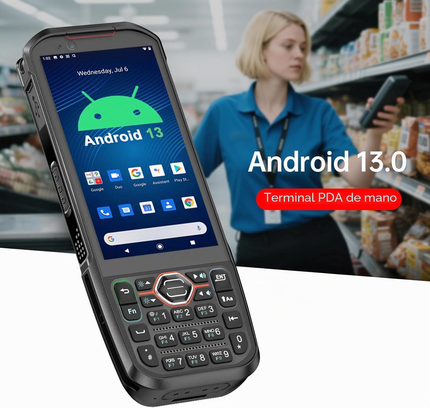 Android 13 PDA, escáner de código de barras de 6 GB + 64 GB con teclado, equipado con escáner de código QR 1D 2D, compatible con intercambio en caliente, BT, WiFi, 4G LTE, NFC, recopilador de