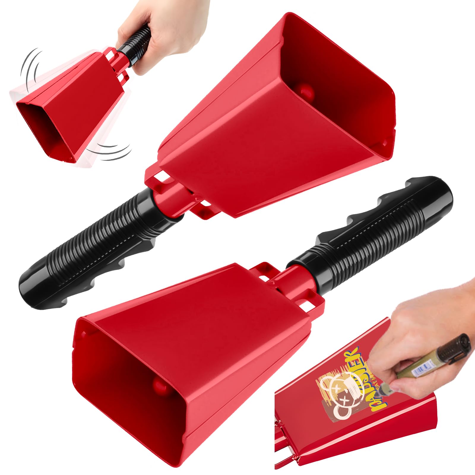 Photo 1 of 2 Pack 8 Inch Steel Cow Bell with Handles, Cheering Cowbells Noise Maker Large Steel Bell with Handles for Sports Events, Football Games, Concert, School Graduation,Party?Red)