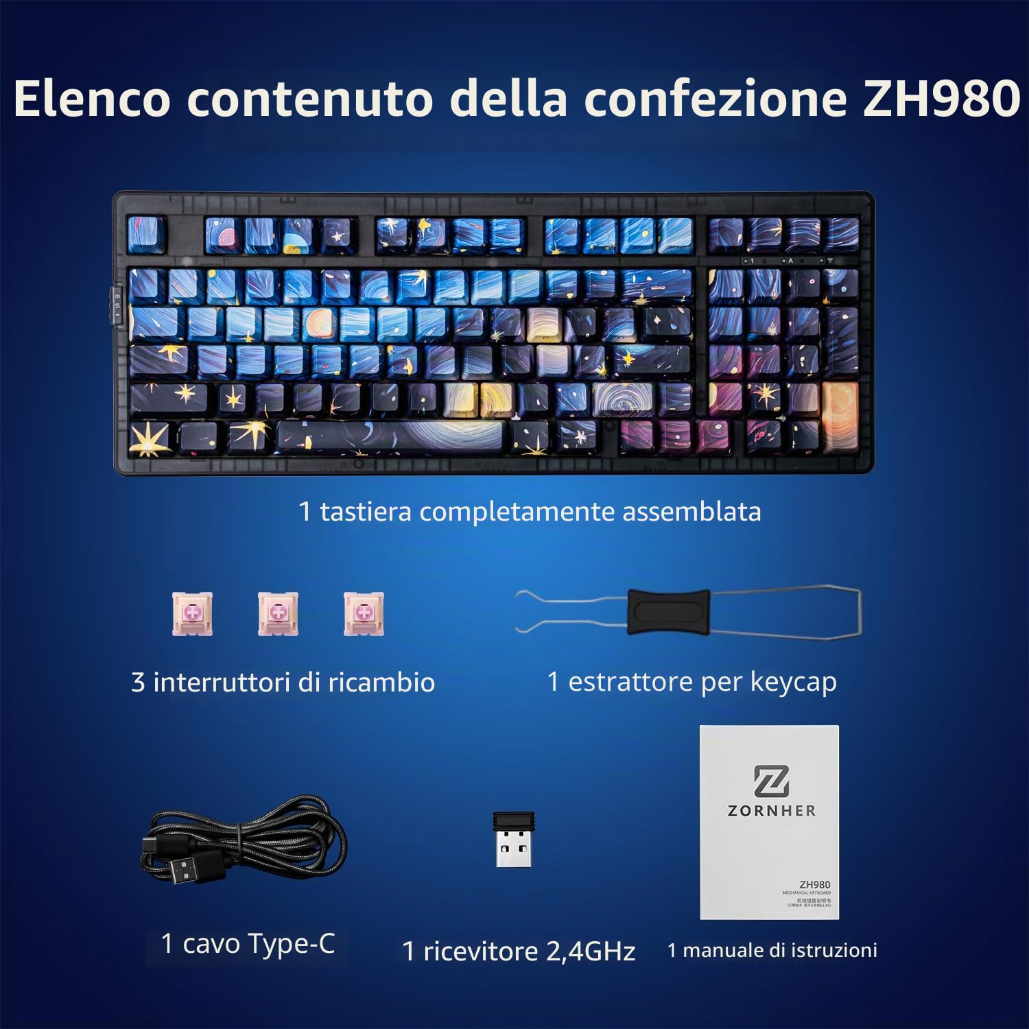 ZORNHER Tastiera meccanica ZH980,Tastiera cremosa blu al 95% con tastierino numerico,Tasti PBT a sublimazione della tintura di notte stellata di,Interruttori lineari dal suono cremoso