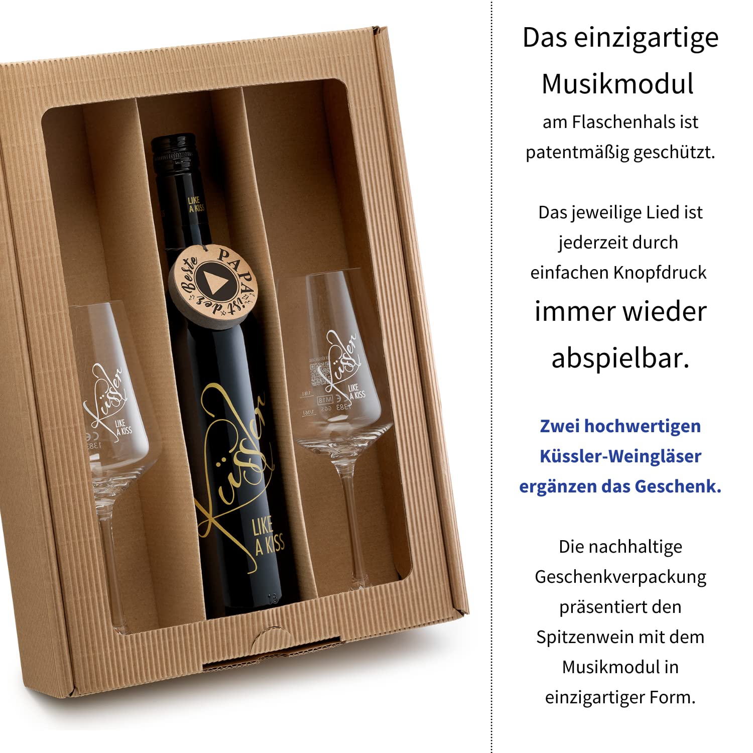 Neu! SINGENDER WEIN für den besten PAPA - ein Cuvée weiß mit eigenem Papa-Song + 2 Gläsern im nachhaltigen Geschenkkarton - das ideale Weingeschenk!