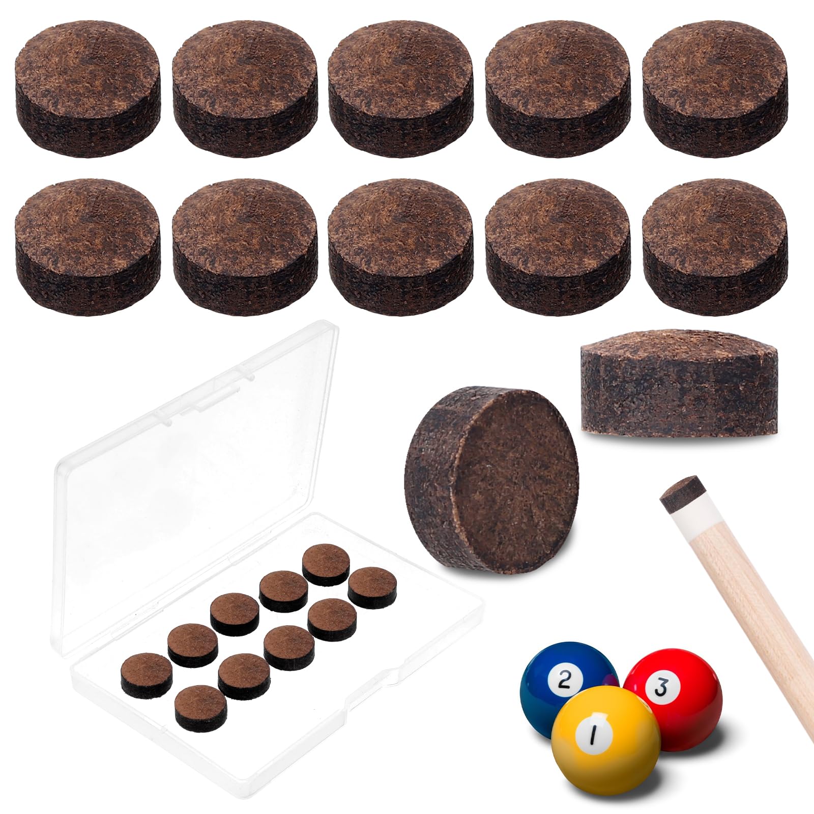 Mozeat Lens 10 Pieces Billiard Pool Cue Tips Pool Stick Replacement Tips with Storage Box for Pool Cues and Snooker Supplies, 13 mm Brown-image-31