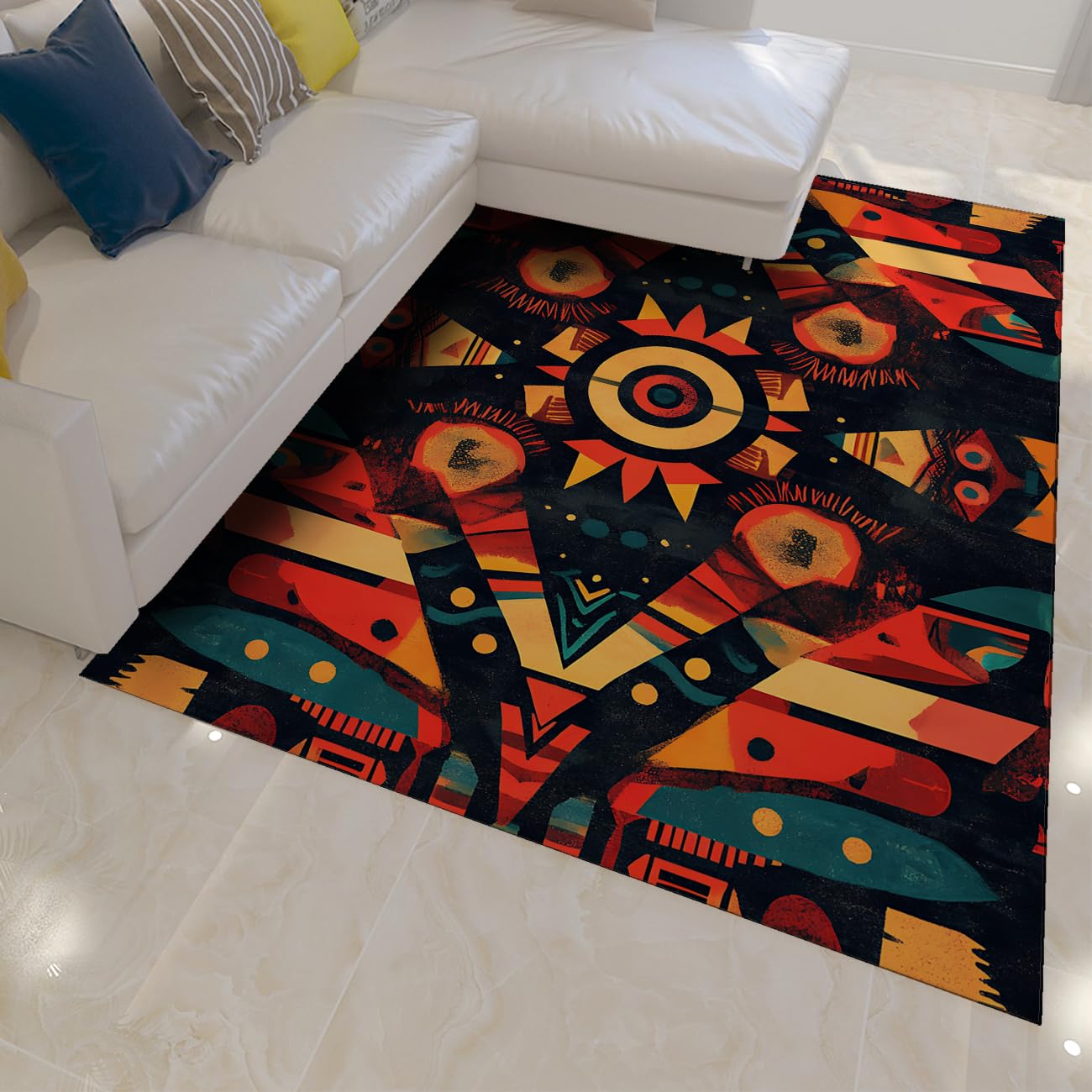Tapis géométrique aztèque vintage 90x150 cm idéal pour réchauffer un grand salon moderne
