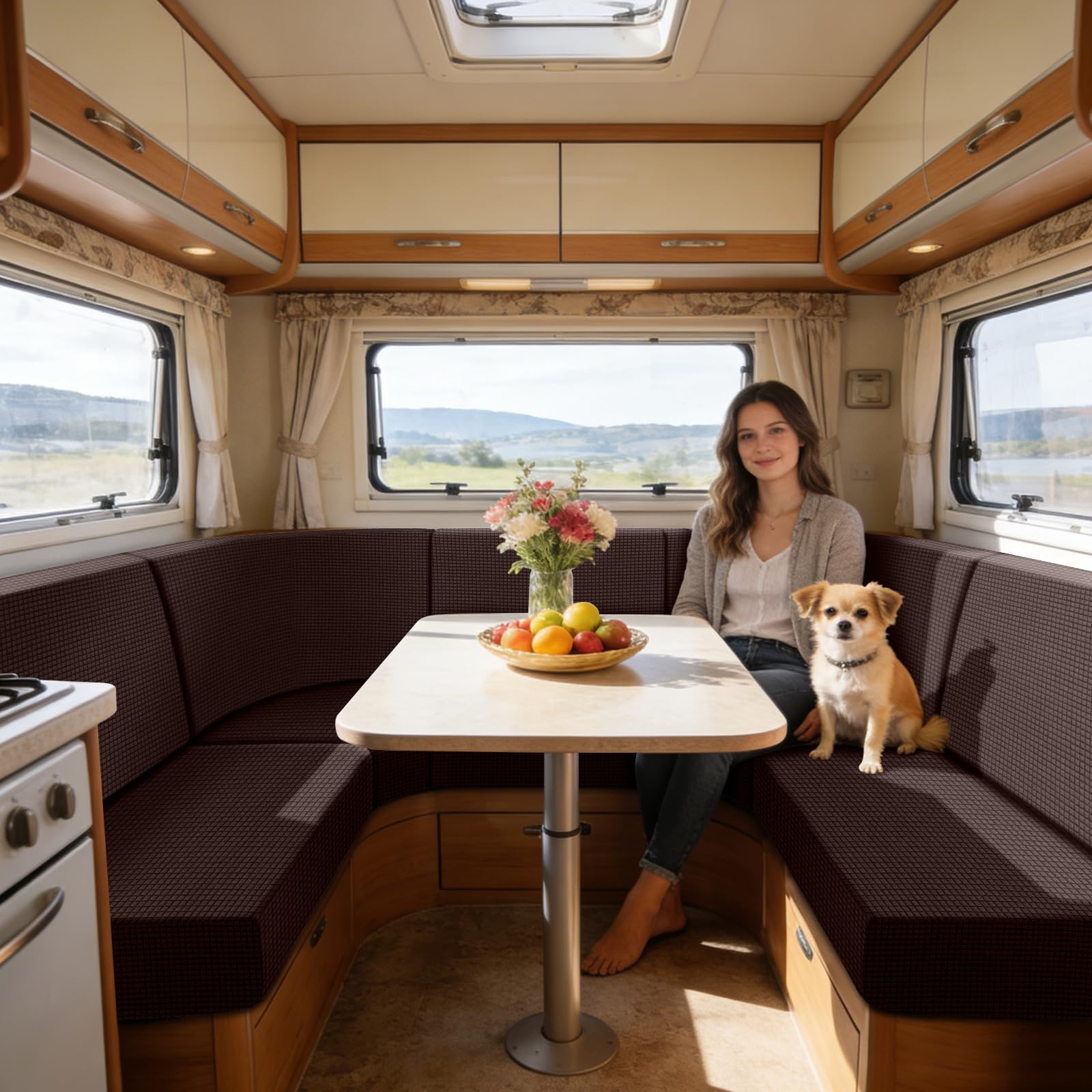 SYLC Caravan Seat Cover Stretch Jacquard, Non-slip RV Dinette Cushion Covers with 2 Straps, Couch Cushion Covers for Camper Sofa Bench (Dark cafe,W 115-145 cm, D 45-65 cm)
